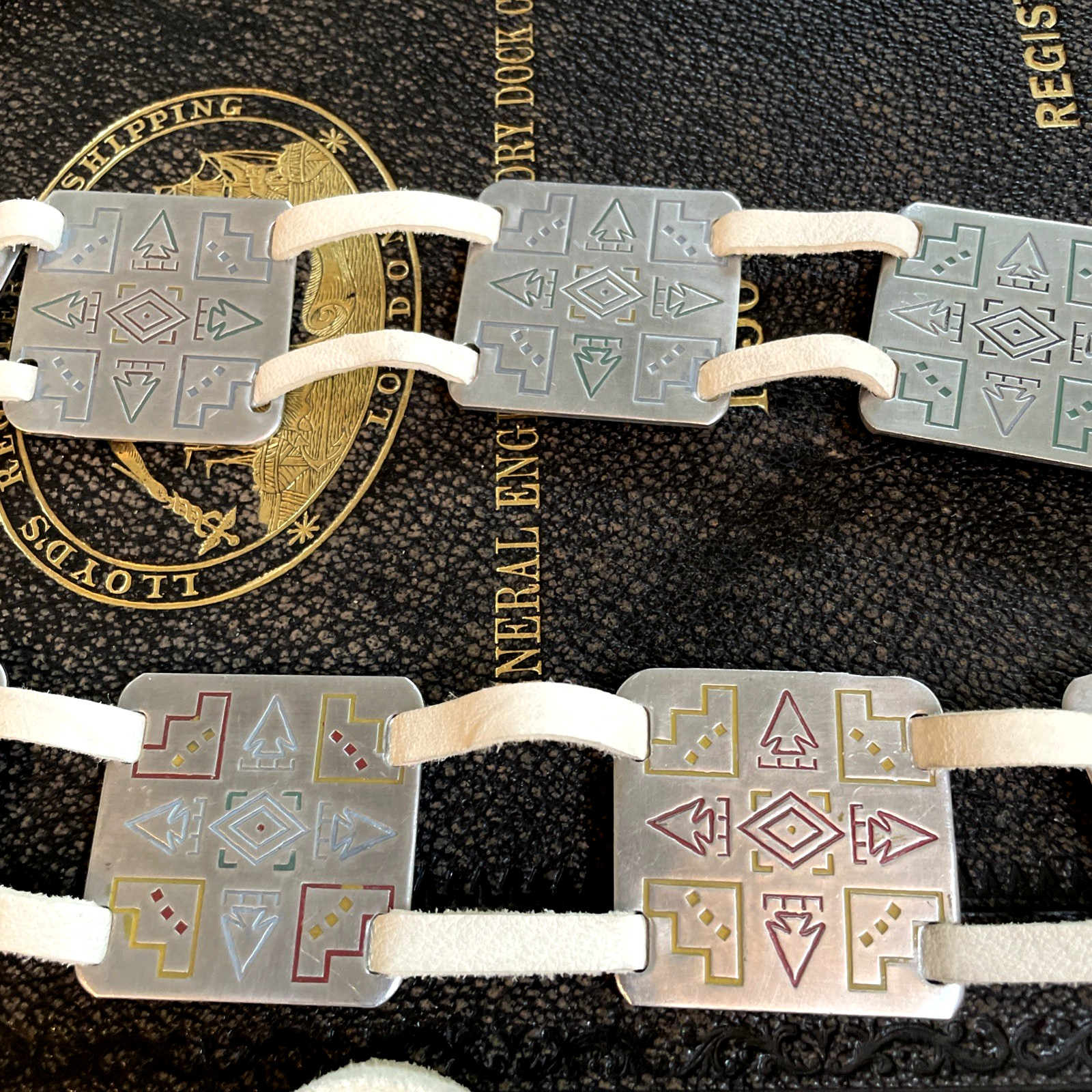 VTG Southwestern Native American Style Aluminum Panel Belt 36″ Inscribed Symbols