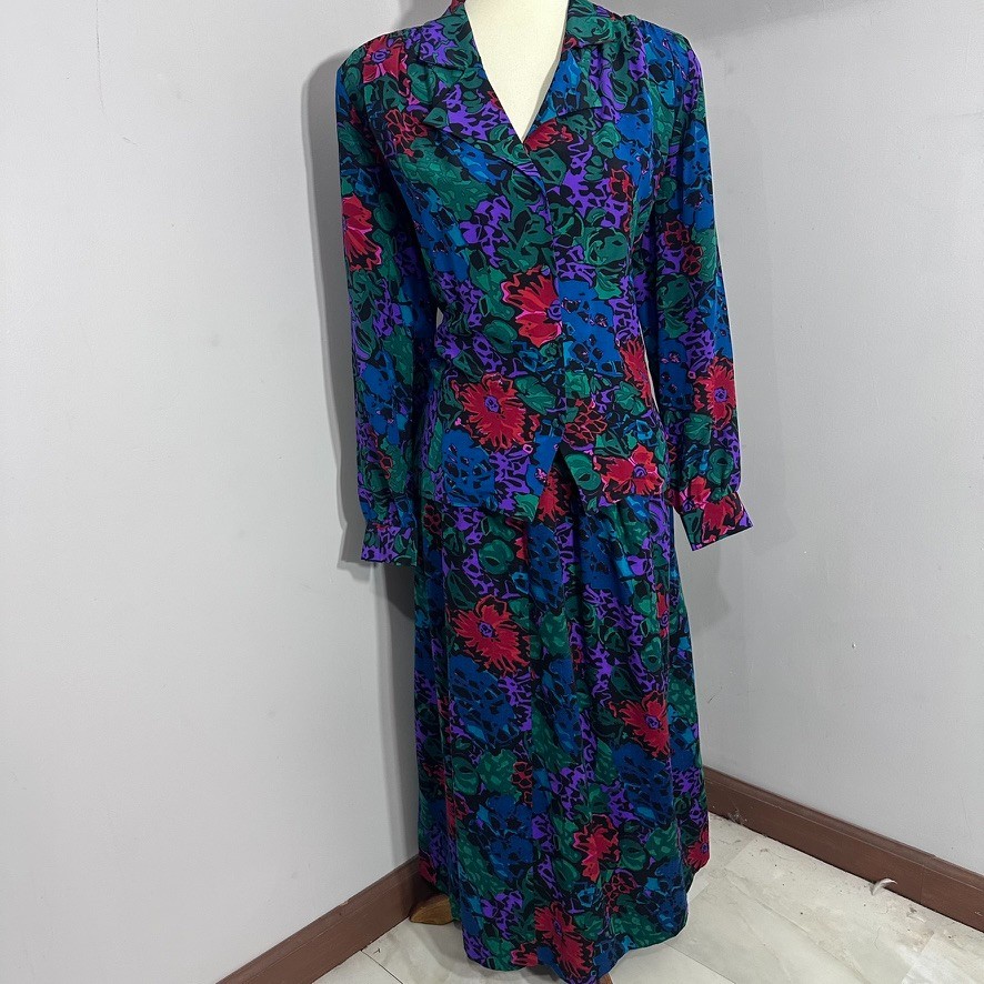 Vintage 80s Jerri Sherman Silk Wool Floral 2-Piece Miidi Skirt Set Large Bloom