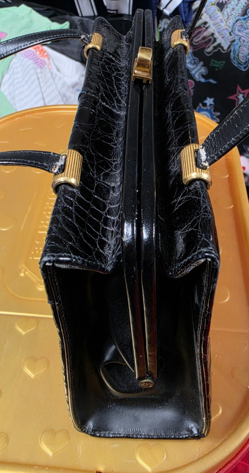 Vintage Black Faux Crocodile Top Handle Frame Bag Retro Chic Handbag