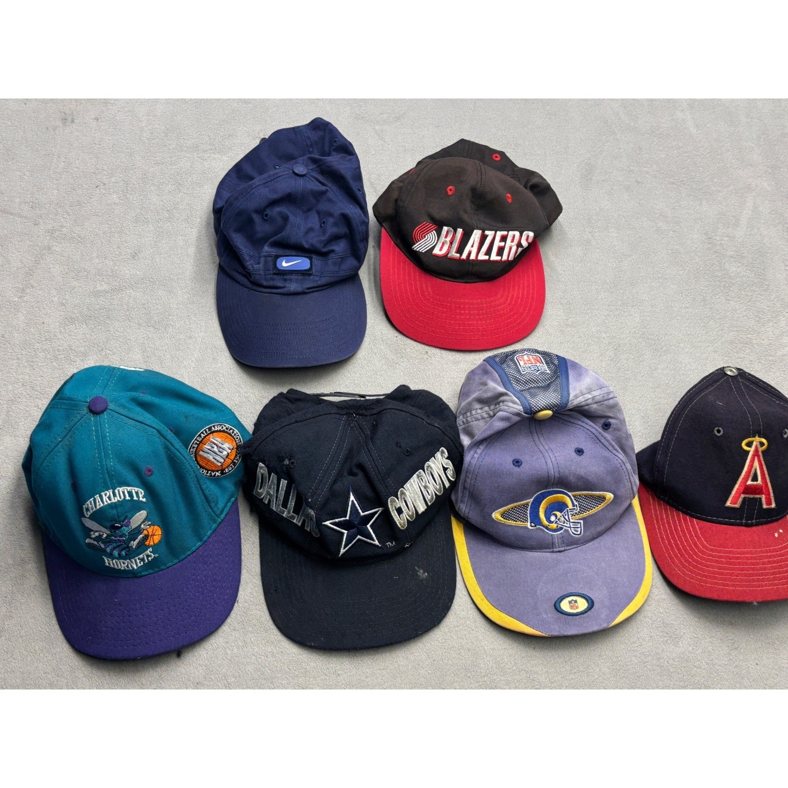 Vintage 90s Sports Hat Lot Starter Charlotte Hornets Dallas Cowboys Thrashed