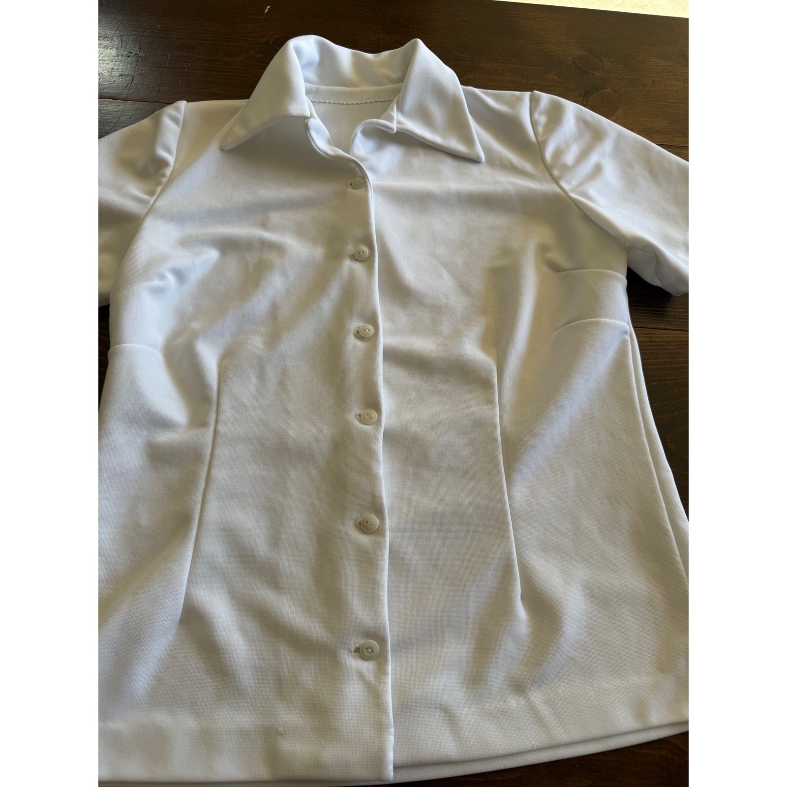 Vintage 70s White Dagger Collar Button Down Shirt Short Sleeve Polyester Blouse