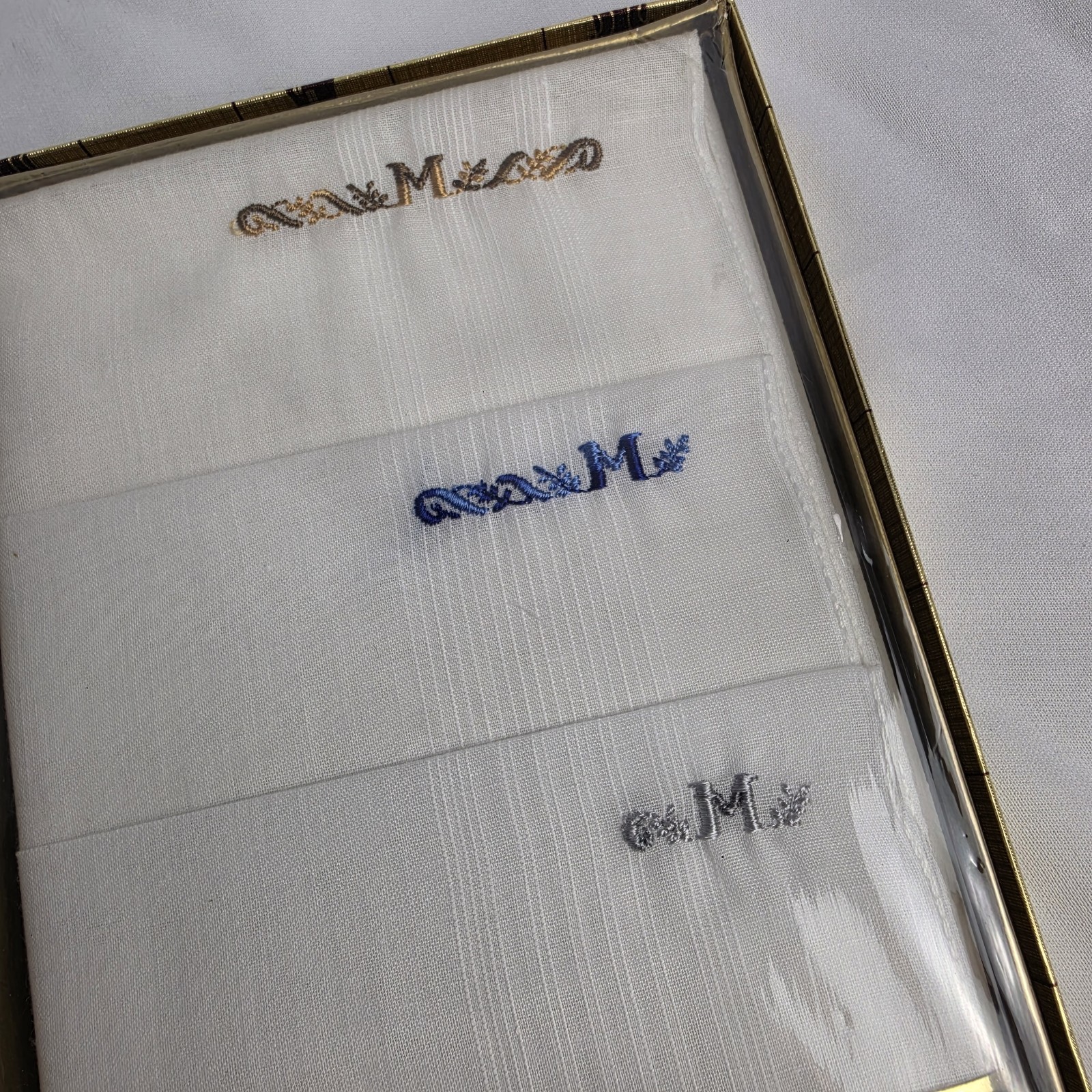 Vintage Mens Handkerchiefs Perm Press No Iron 1 Set Of 3 M Monogram Grandpa NOS