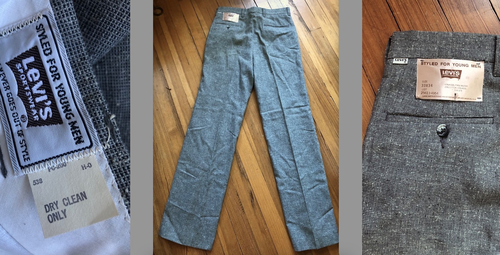 NWT 80s VTG NEW/OLD LEVI’S SPORTSWEAR TWEED GRAY PANTS YOUNG MEN SLACKS 33×34