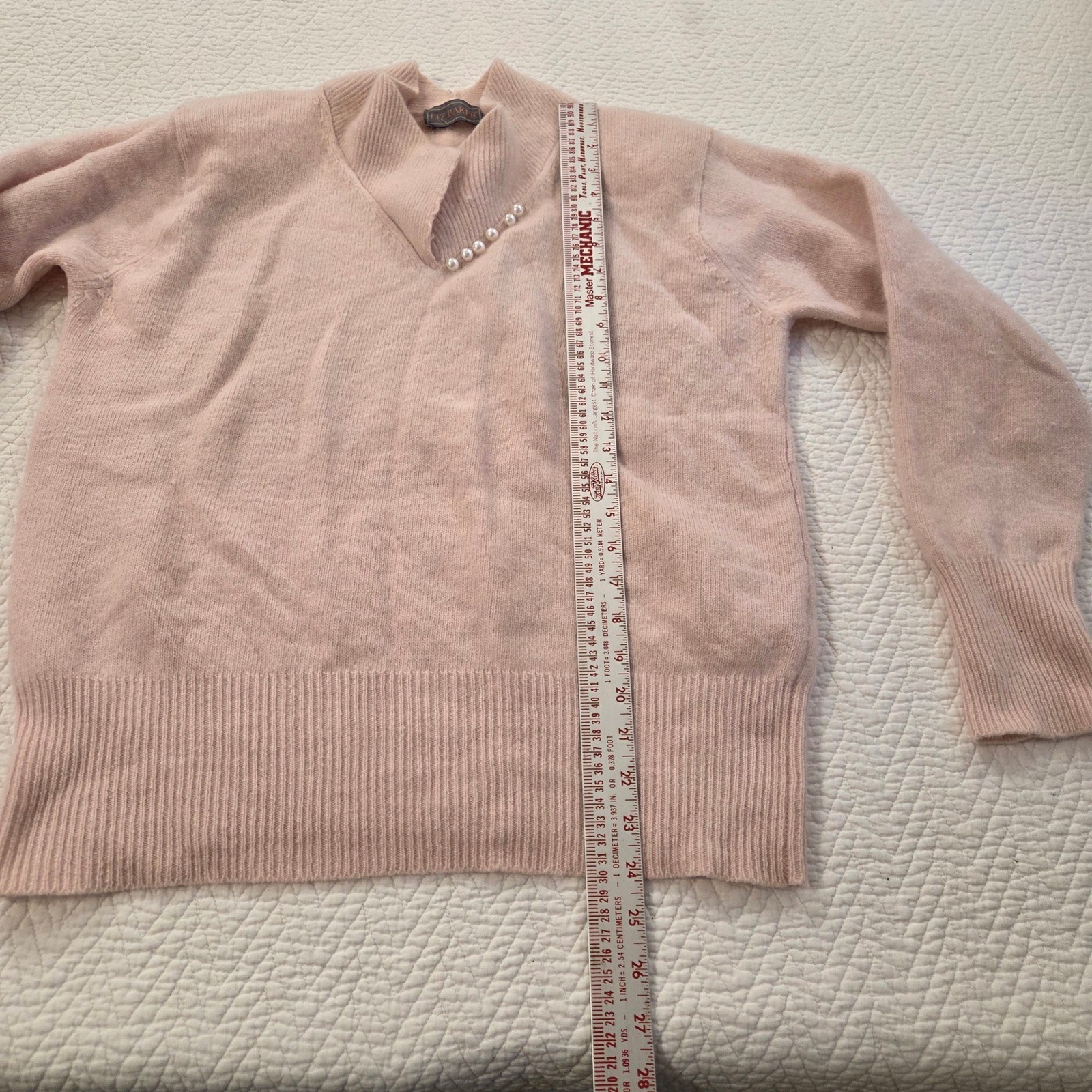Liz Baker Vintage Pink Lambswool Angora Pearl V-Neck Sweater 1X Plus Size