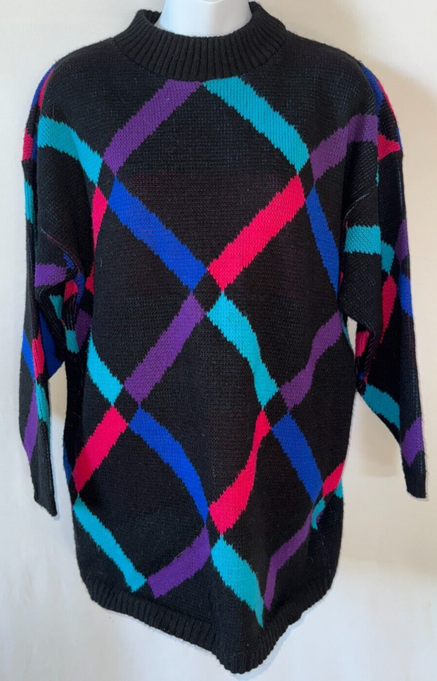 Great Ski Sweater vtg 90s Private Eyes Sweater Black Neon Diamond Argyle Women L