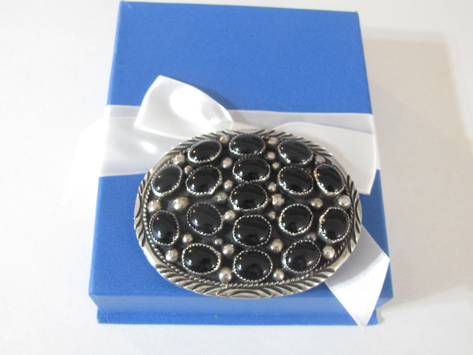 Vintage Navajo Sterling Silver Black Onyx Cluster Belt Buckle 70g GA Sterling