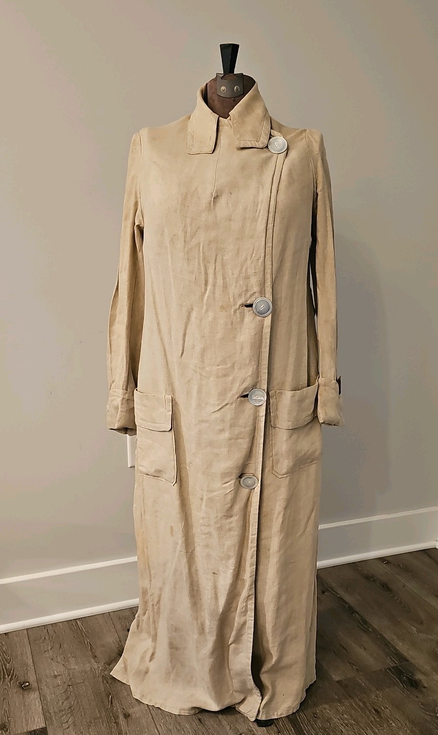Antique Edwardian Heavy Linen Duster Car Coat Pocket Tab Cuff Abalone Buttons