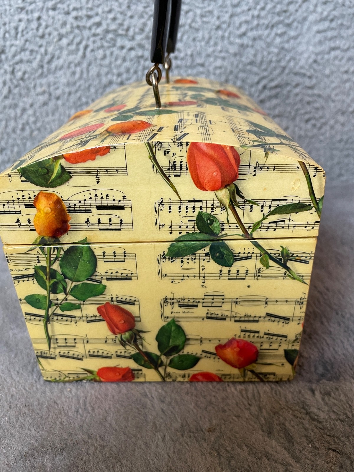 Vintage Gerard Marier Lunchbox Handbag Yellow Decoupage Sheet Music 3D Roses VTG