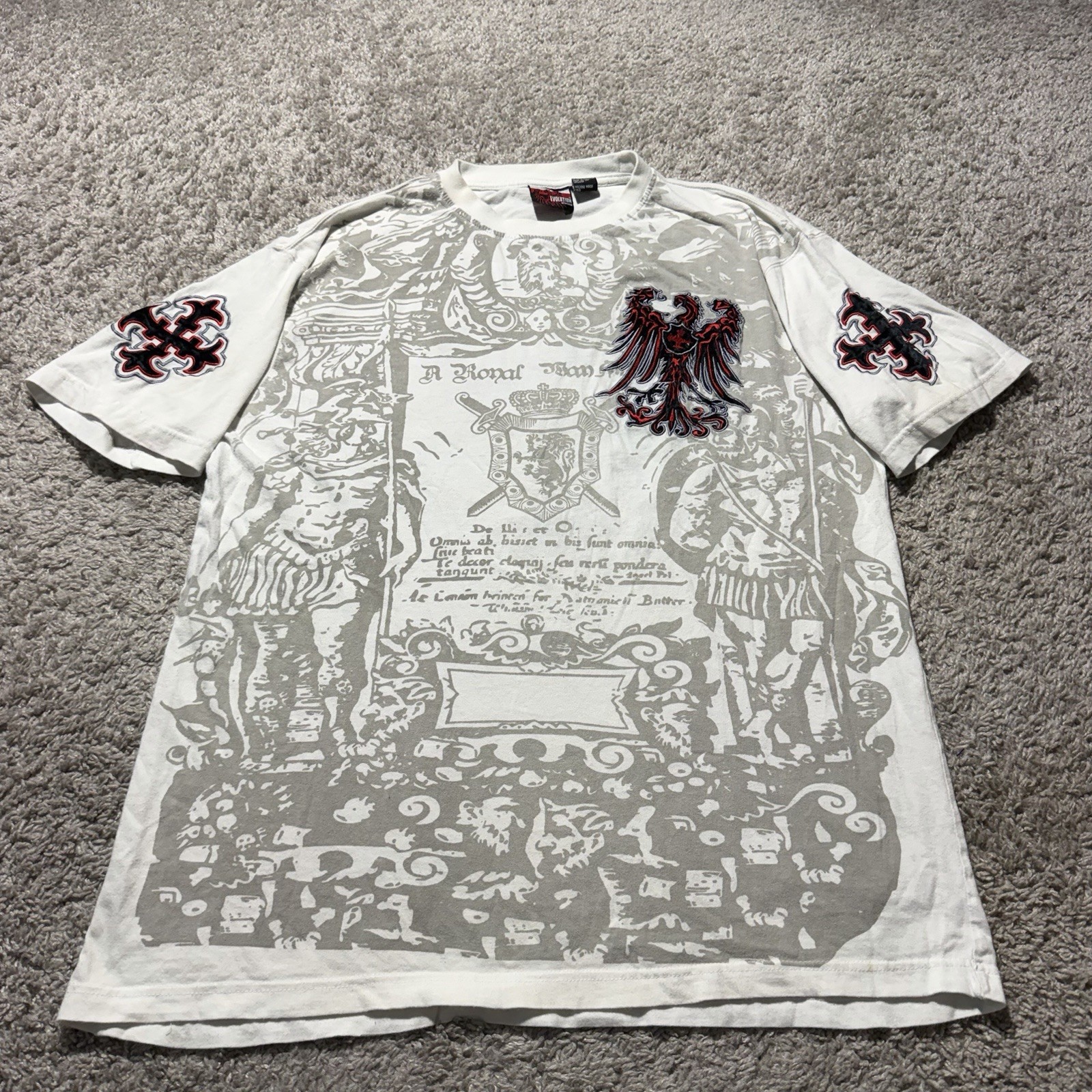 Vintage Y2k Evolution Design PATCH Artwork T SHIRT Size 2XL White Red Grey