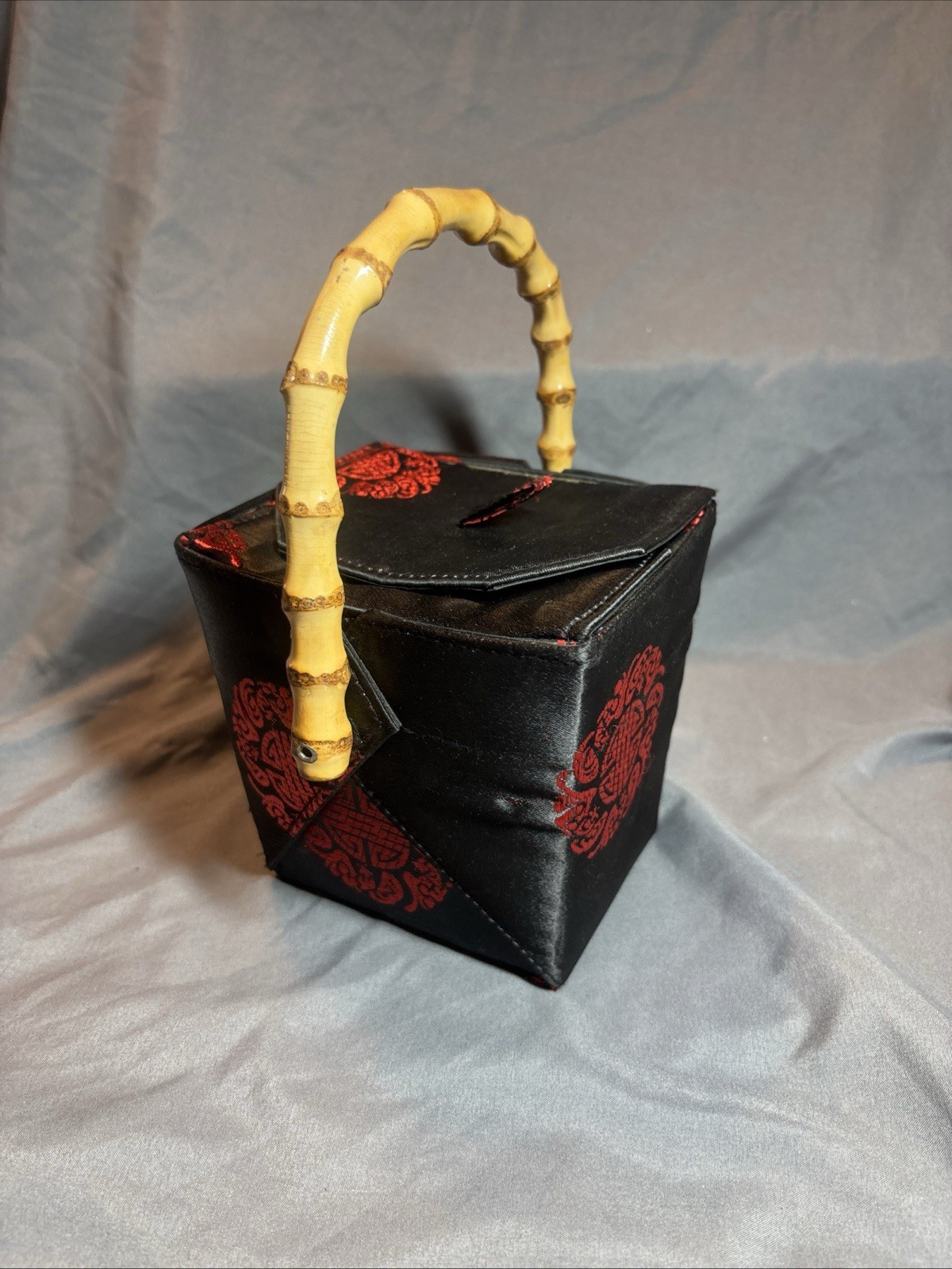 Asian Tozai Take out Box Hand Purse with Natural Bamboo Handle- Estate Find