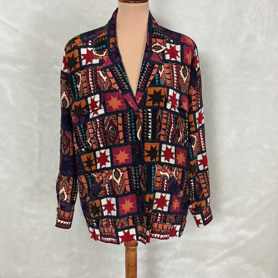 Rodier Vintage 80s 90s Red, Blue Patchwork Tribal Silk Button Front Jacket 4