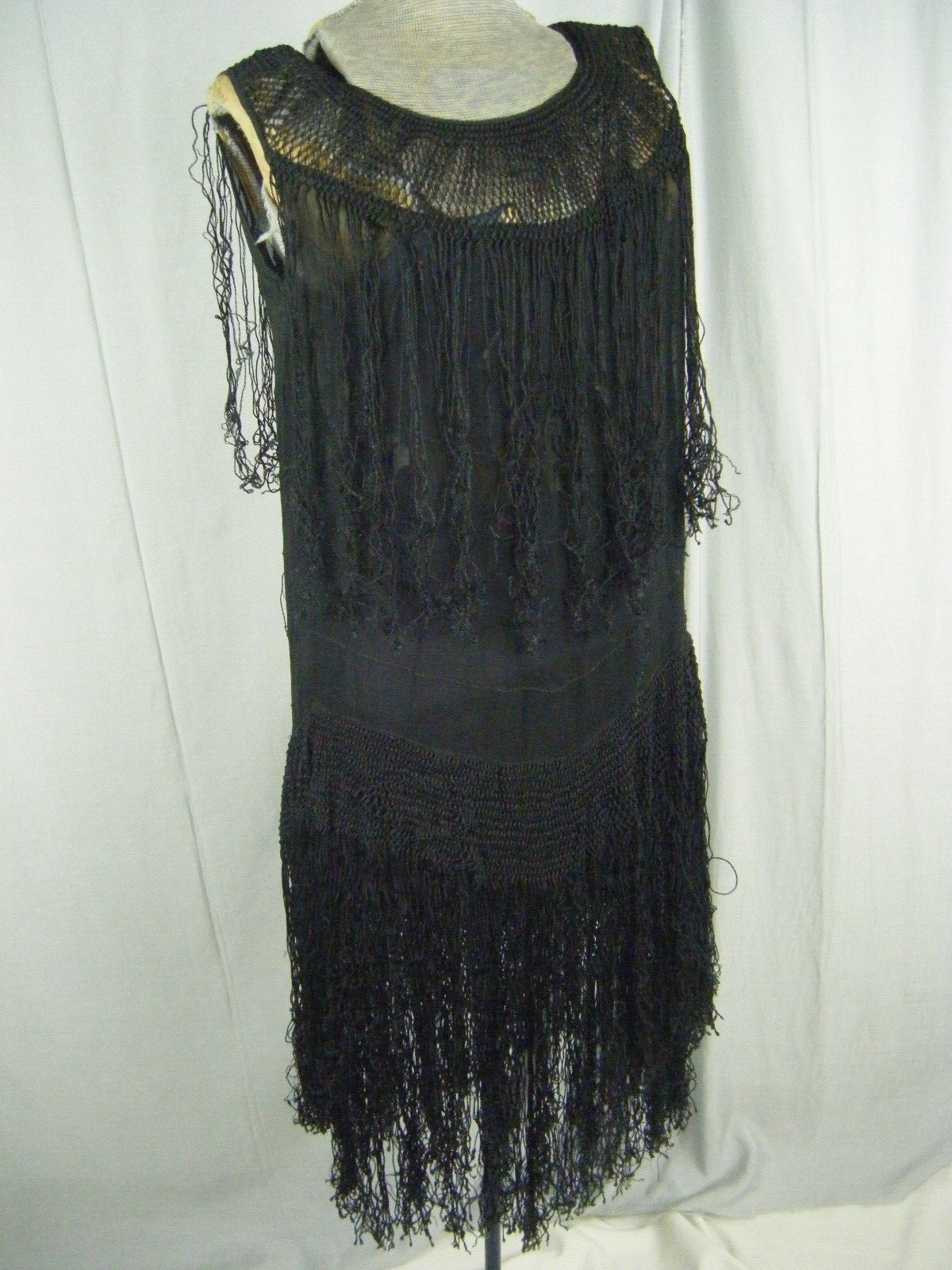 ANTIQUE 1920s Black Sheer Chiffon Crochet Piano Shawl Fringes Dress-Bust 36/XS-S