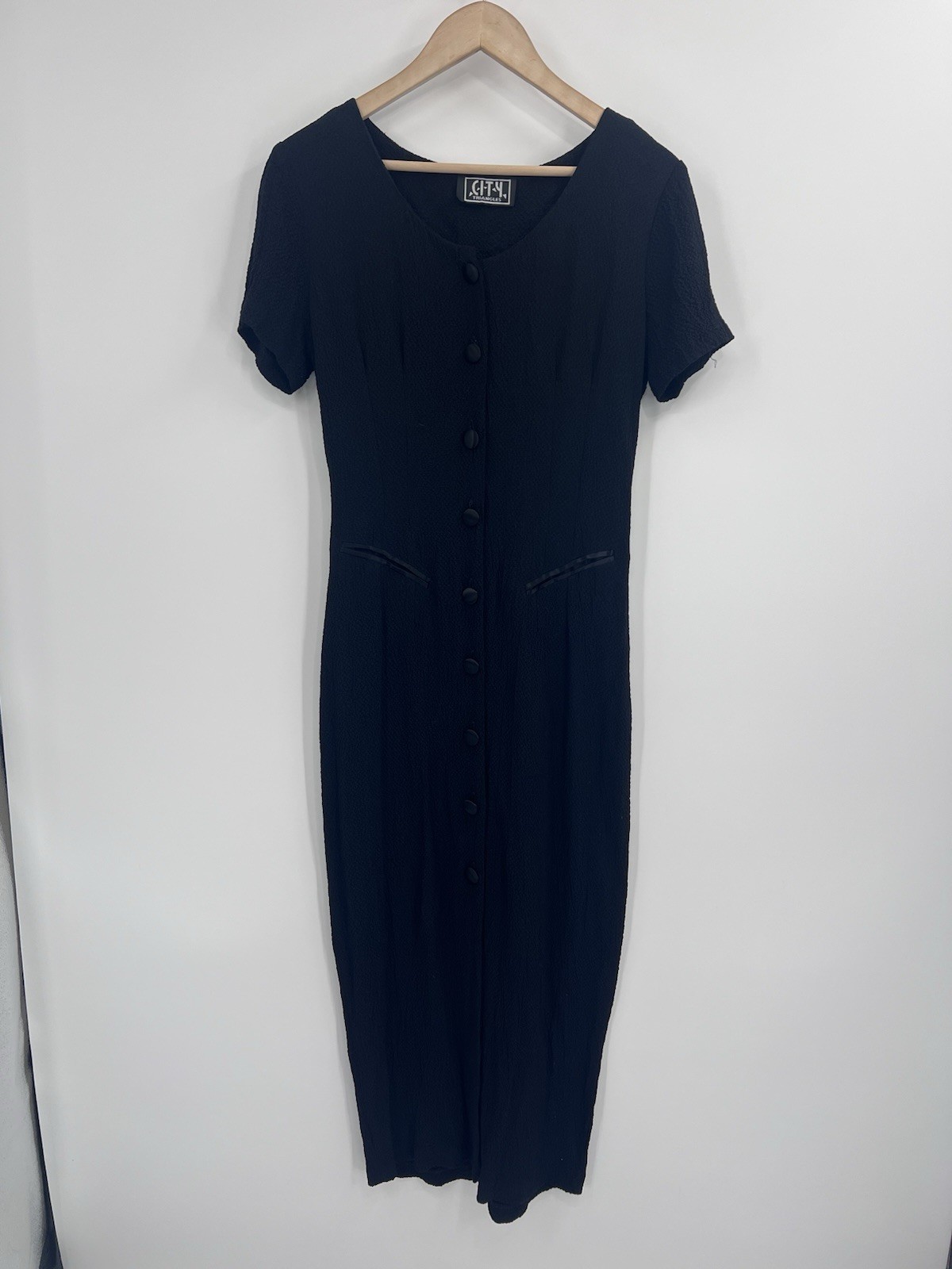 VTG City Triangle 90s Crepe Black Tuxedo Dress Small Maxi Length