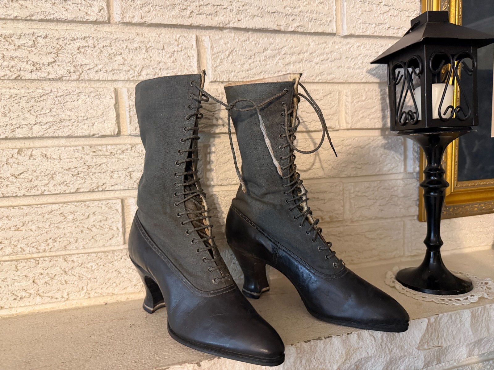 Antique Victorian Brown Leather and Grey CLoth Ladies Lace-Up Boots