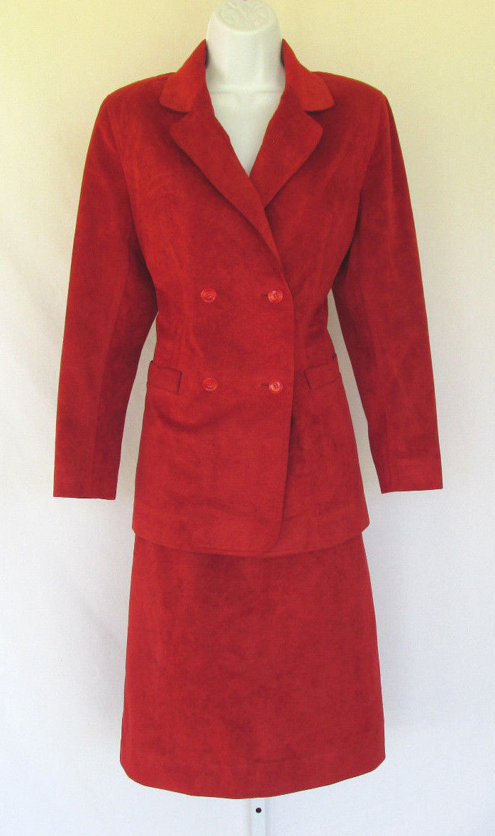 VINTAGE 1960s 70s DAVID OF HONG KONG MICROSUEDE SKIRT & JACKET SUIT RED