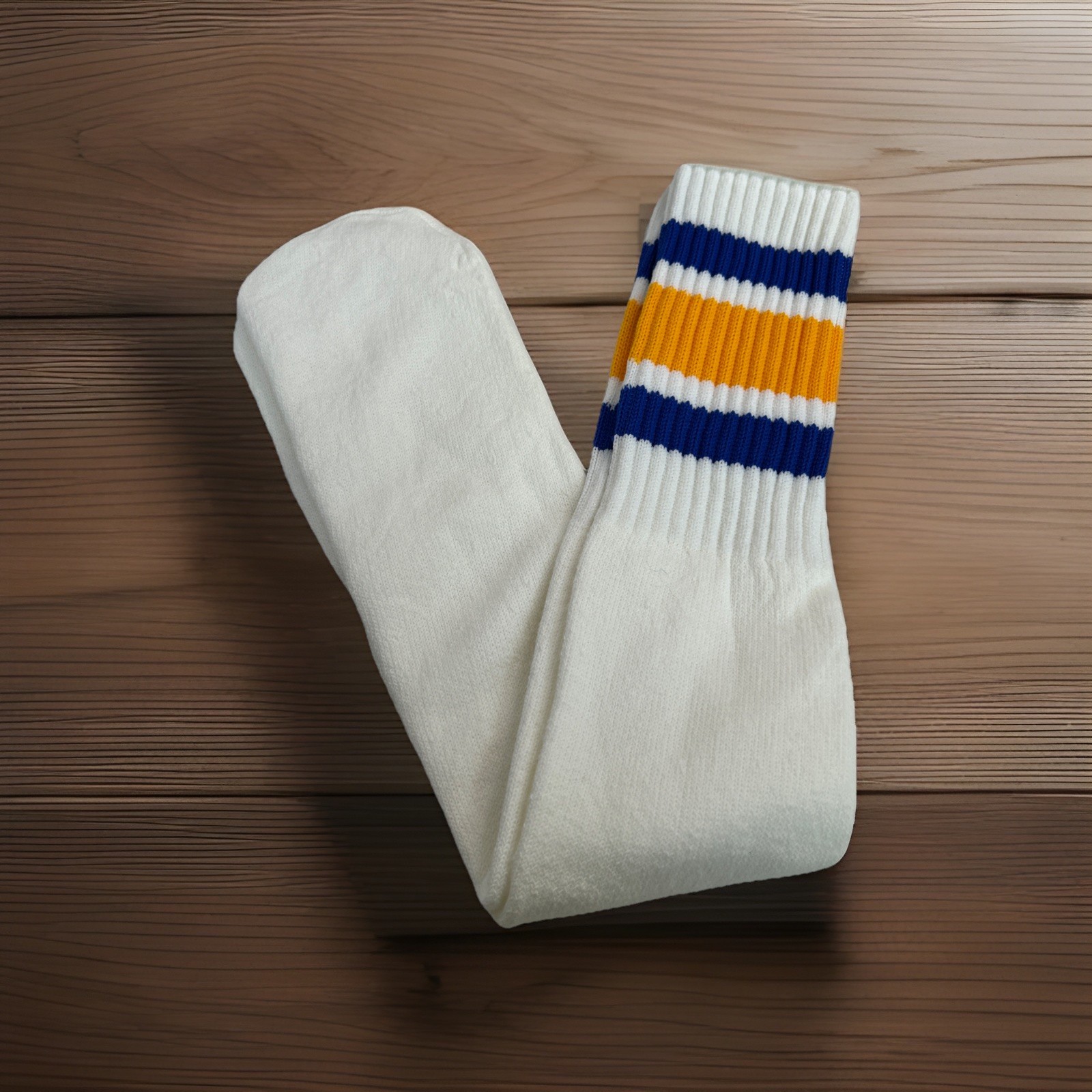 Mens VTG Socks Sport Tube Acrylic USA USA Made Blue Yellow White Stripe 22”.
