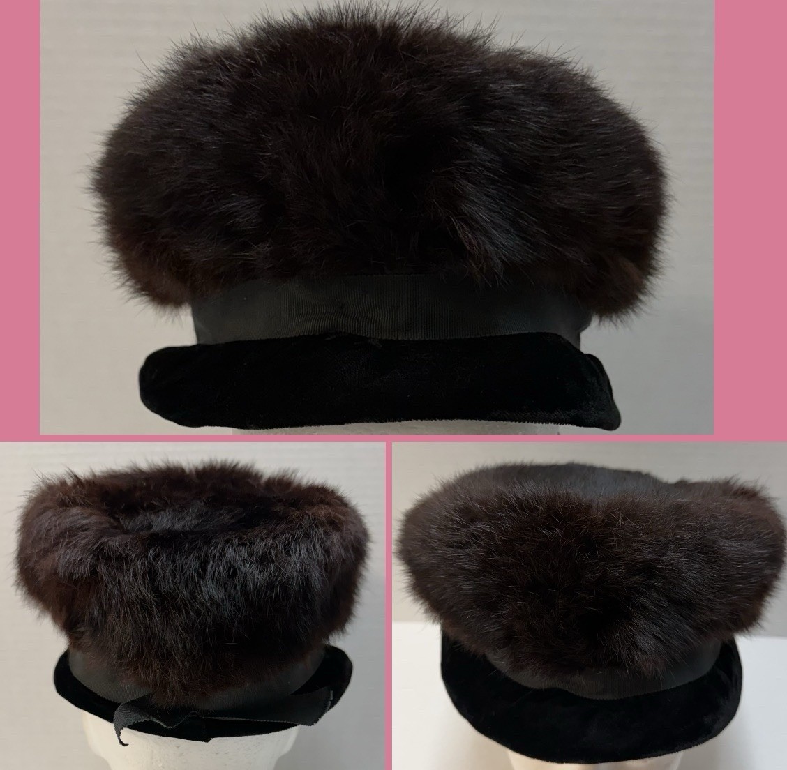 Vintage Mink Fur Black Velvet Ribbon Pillbox Hat MCM 60s Mod Retro Rockabilly