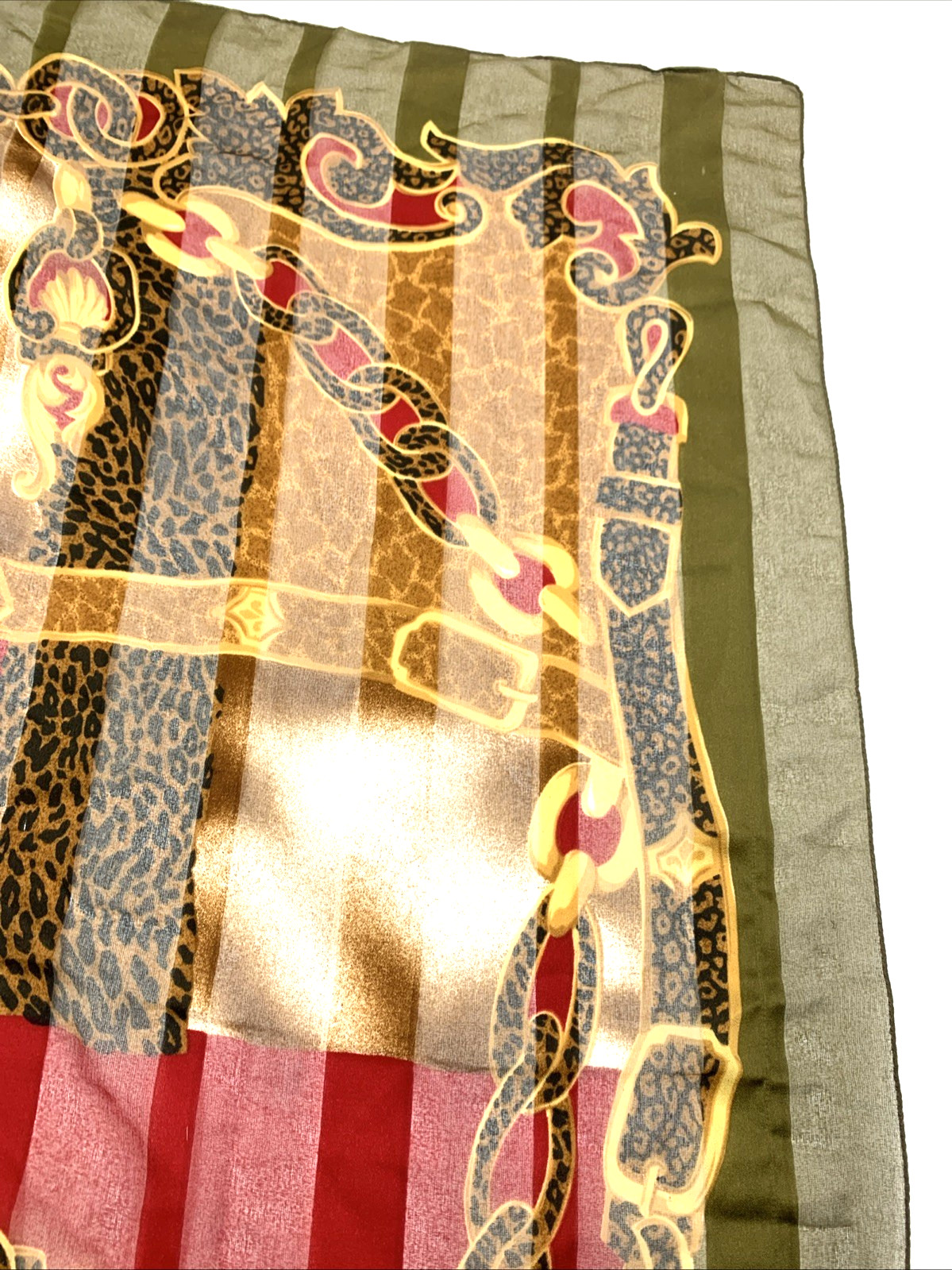 Animal Print Chain Design Scarf 34” Square OLIVE GREEN RED GOLD BLACK