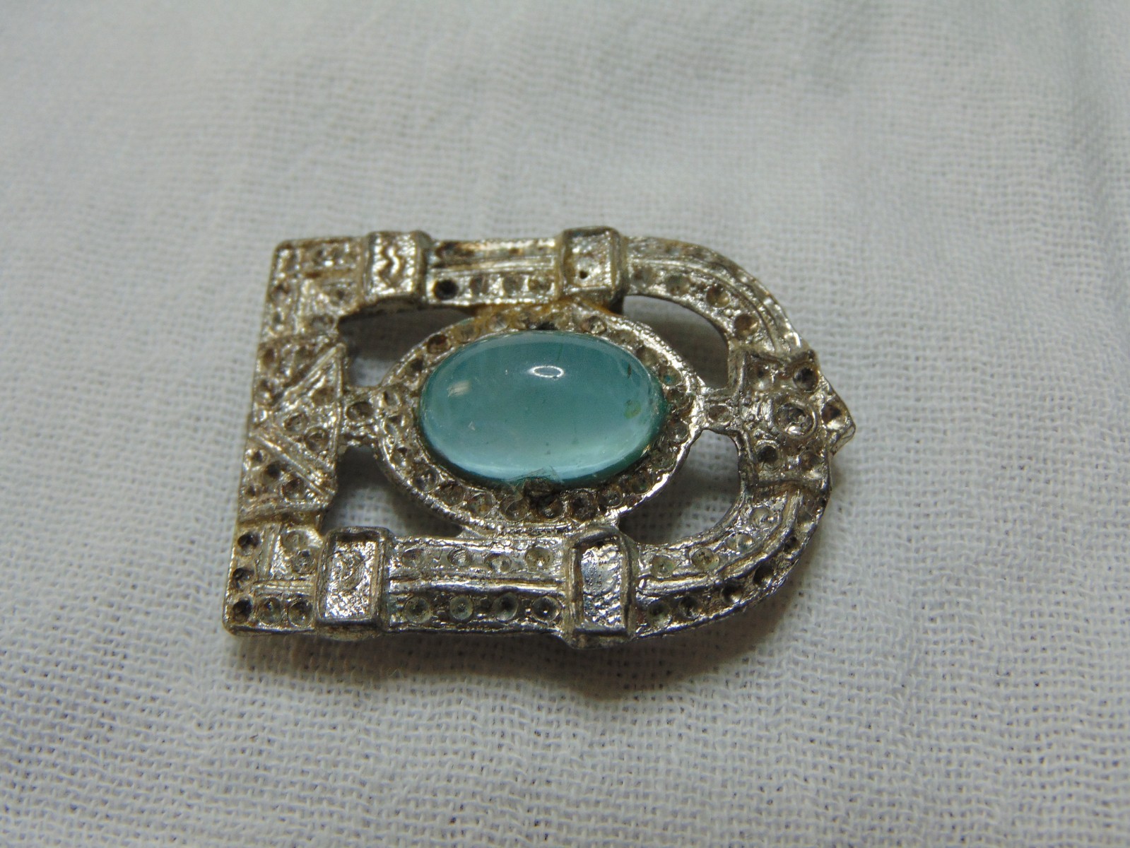 Art Deco high dome glass aqua marine colored cabochon pastes half buckle as is