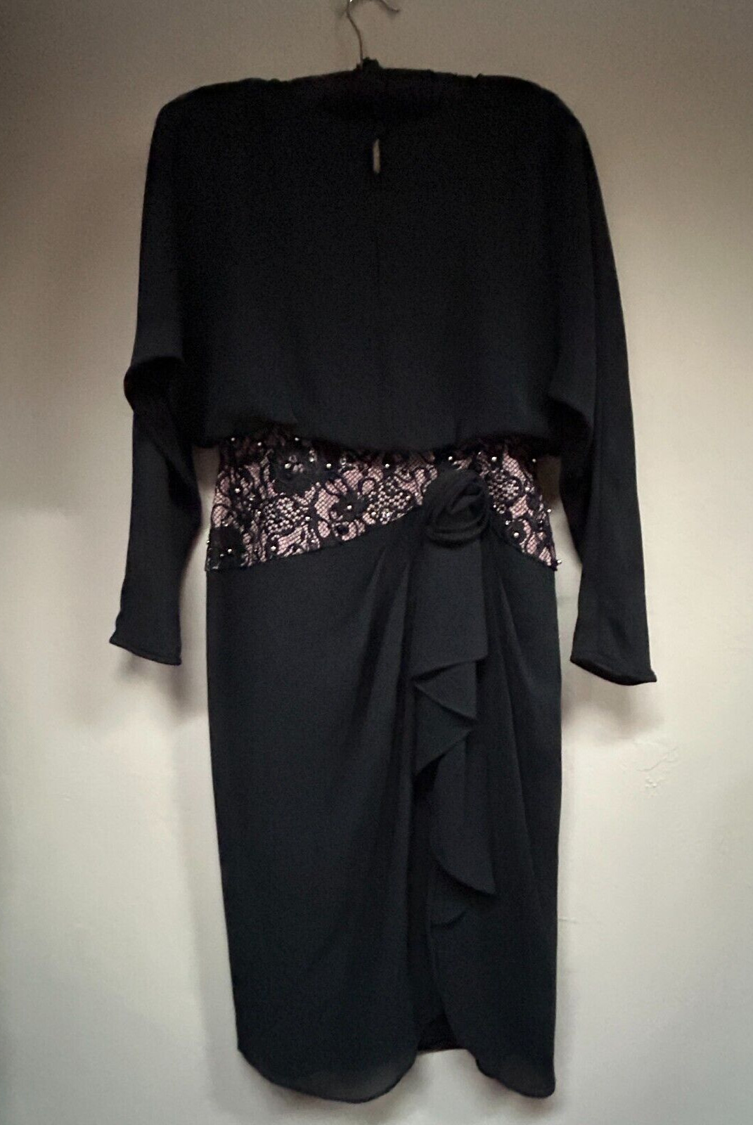 Vintage 80s A.J Bari Black Chiffon Cocktail Dress Size 8 Lace Embossed Flower
