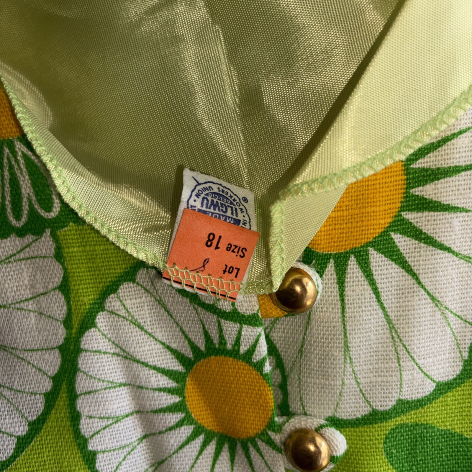 Vtg 60s Mod Daisy Shift Dress Green White ILGWU Union Made Floral Mini Size 18