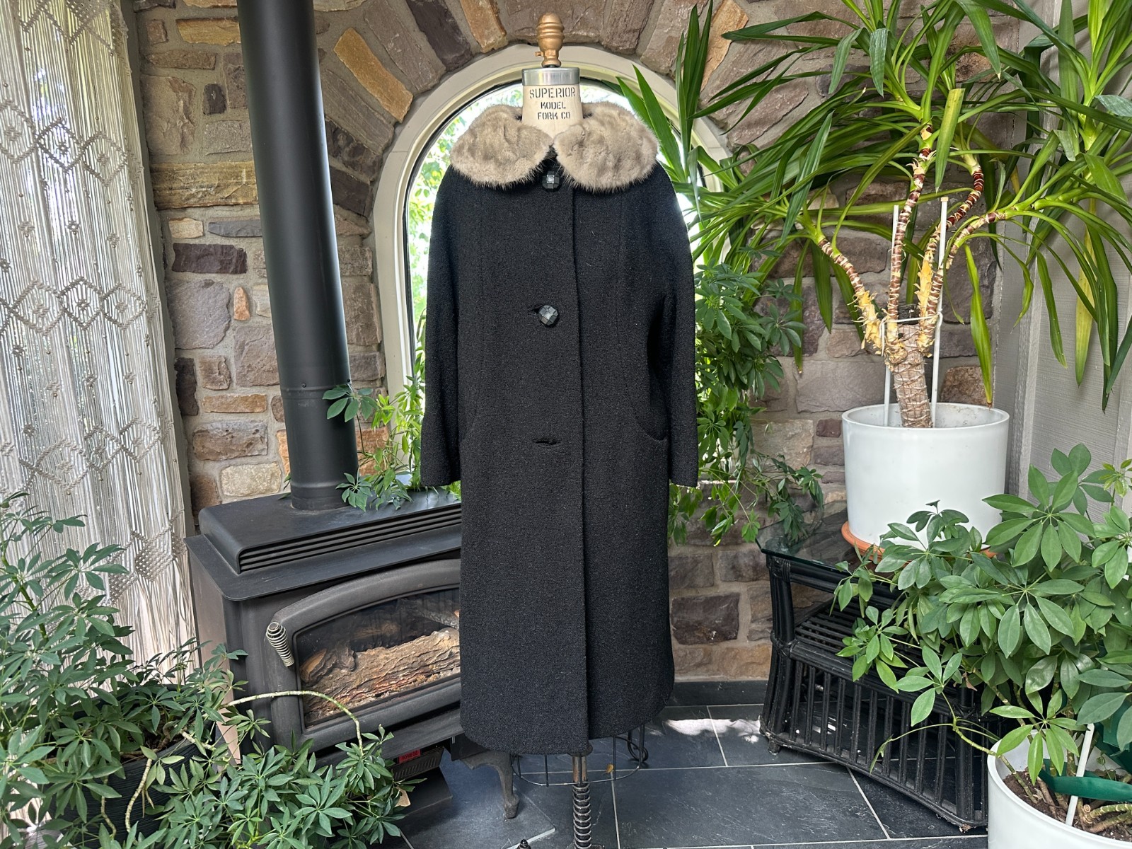 Vintage 1950s Black Textured Wool Coat with Gray Mink Collar