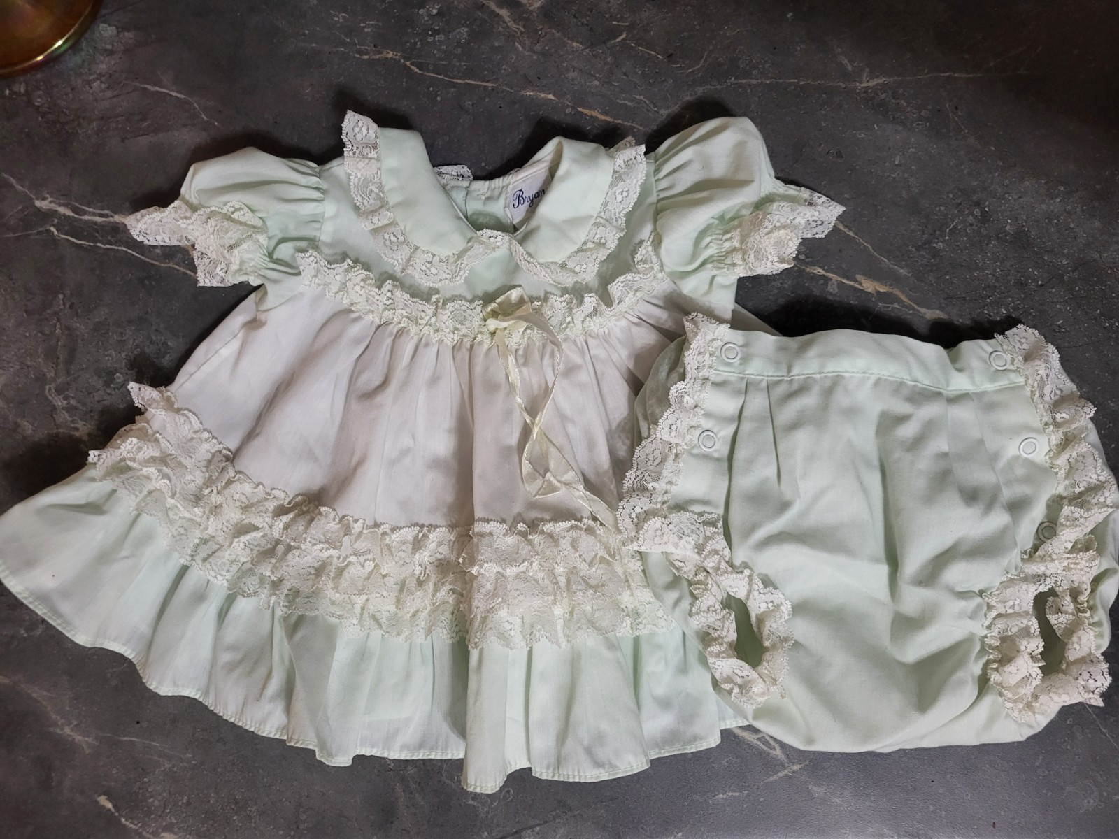 Bryan Baby Dress & Bloomers Set Mint Green & White Size Small Vintage 1980s