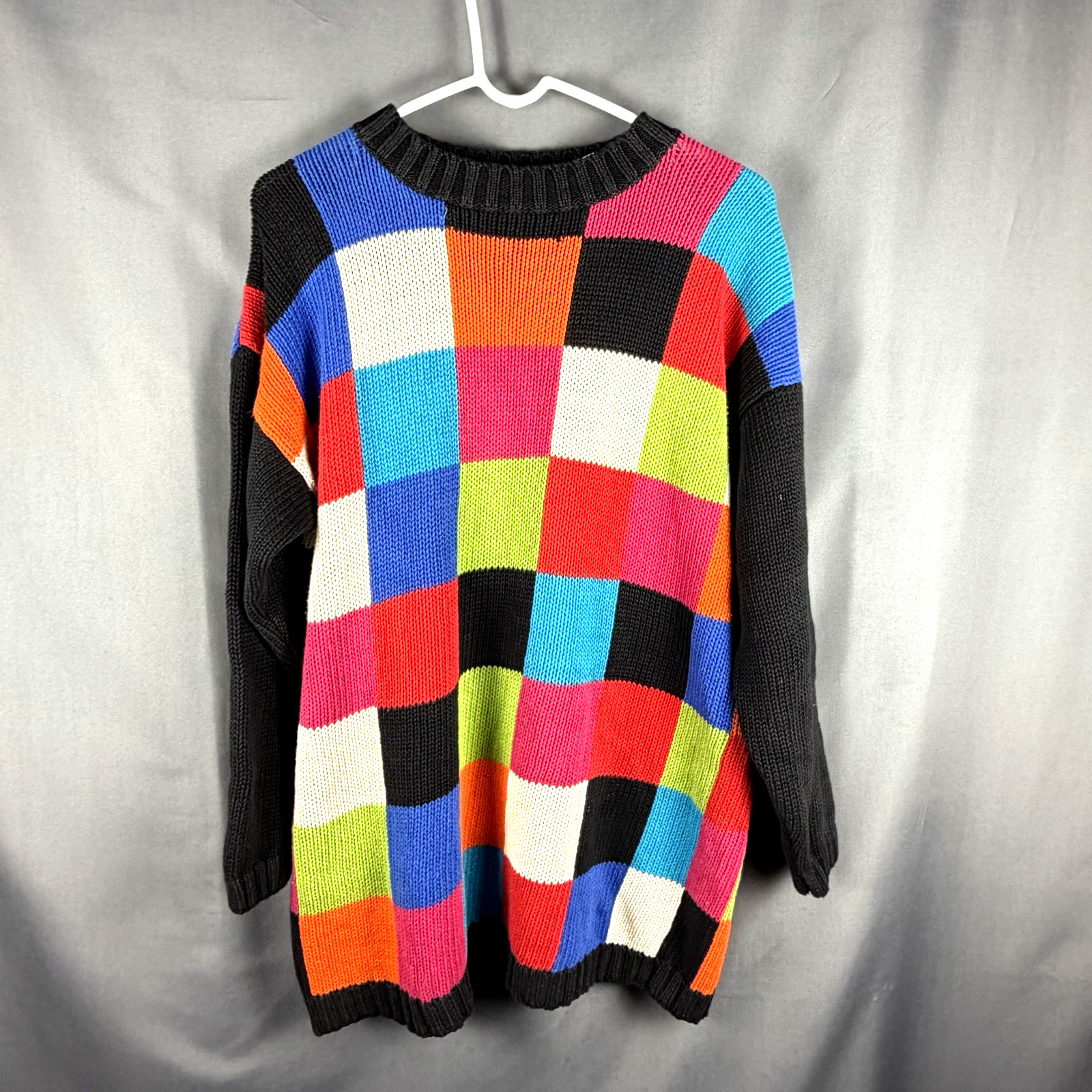 Vintage Marsh Landing 90s Colorful Patchwork Womens Sweater Ramie Med Tag Pic