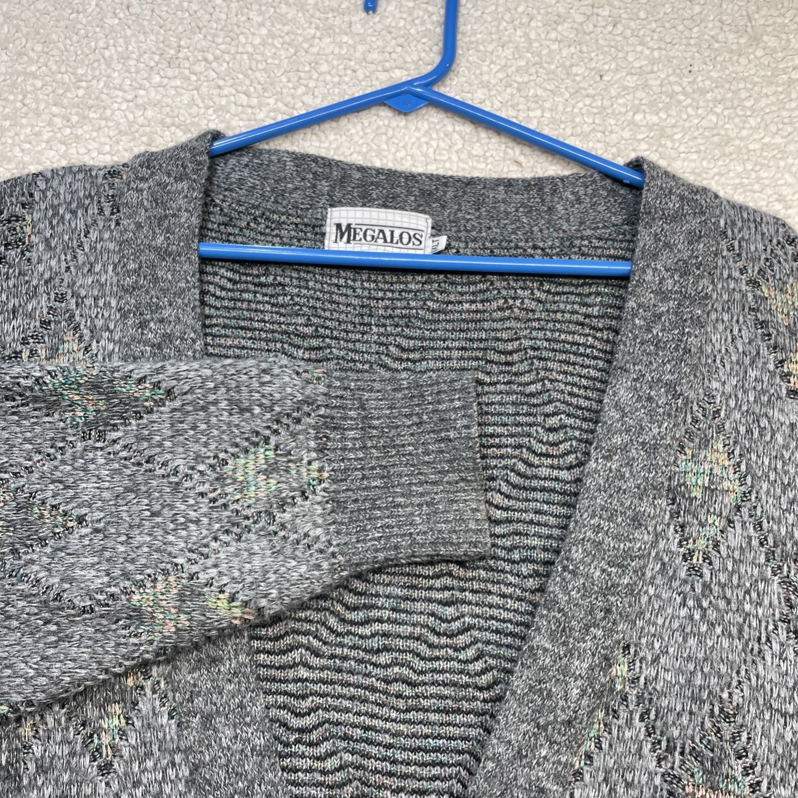 Megalos Cardigan Sweater Mens XL Grey Argyle Diamond Knit V-Neck Button Front
