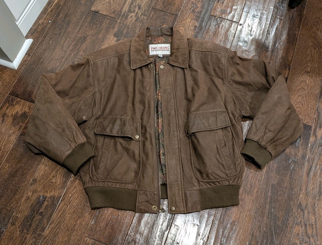 Vintage 90s Leather Bomber Jacket Brown Flight Aviator Paisley Lined Mens Large
