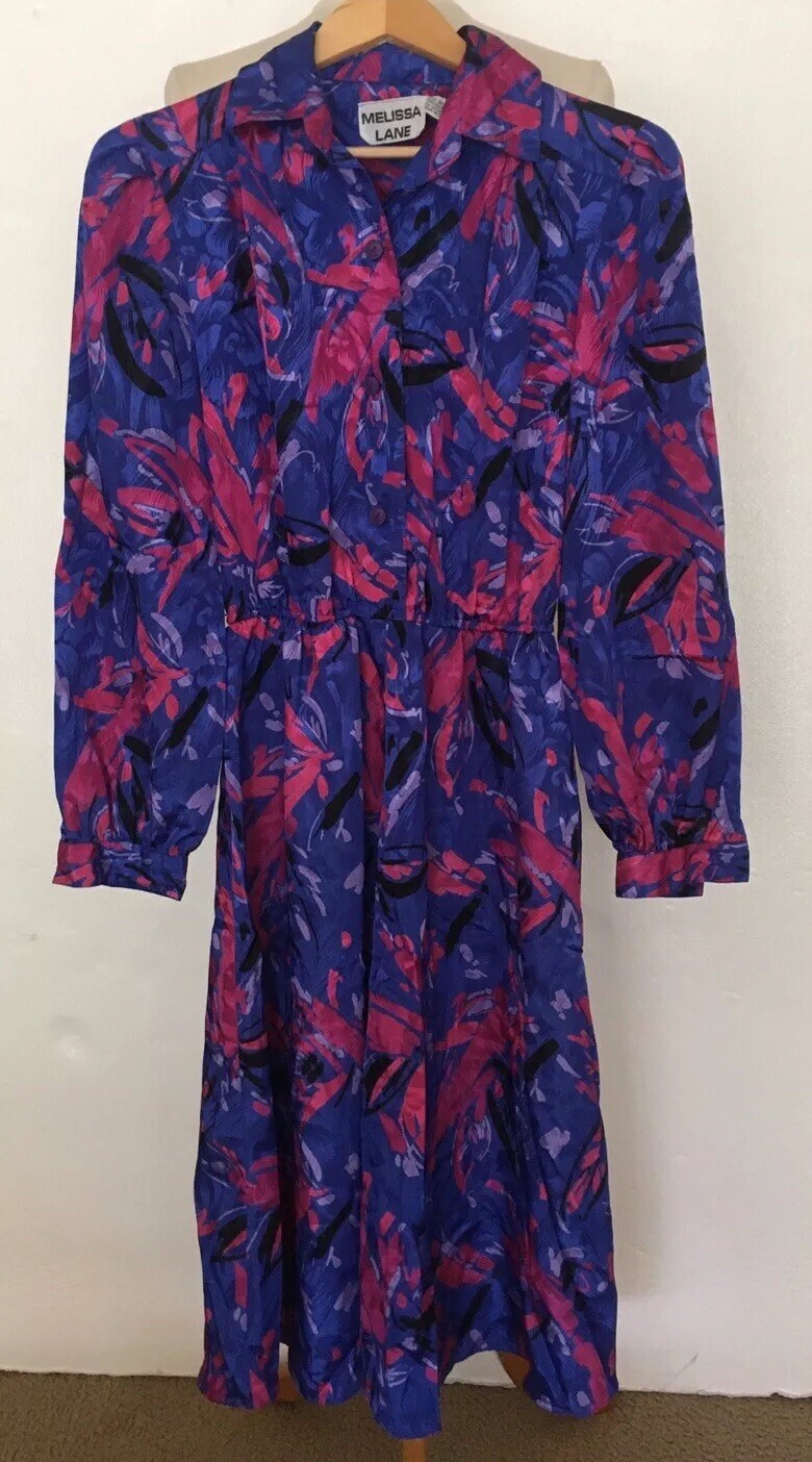Vtg Melissa Lane Blue Pink Purple Abstract Print Dress Sz 10