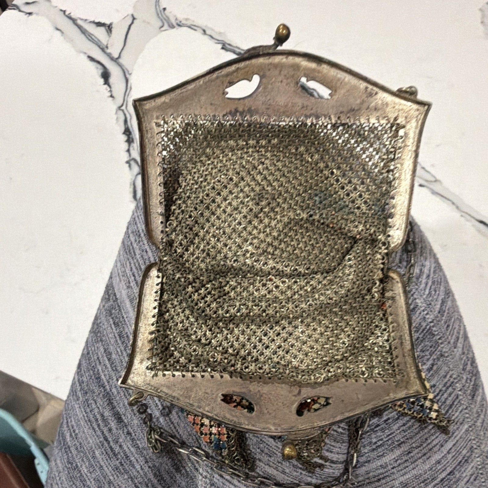 Mandalian Mfg Co Art Deco 1920s Enamel Metal Mesh Chain Purse Multicolor