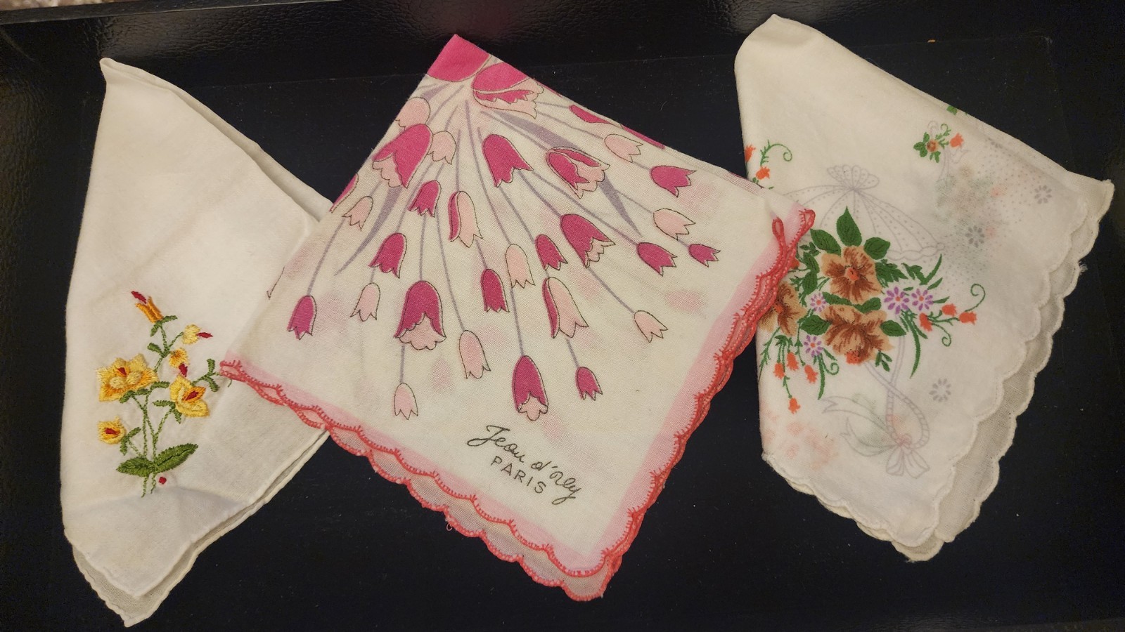 Two Jean d’Orly Of Paris Hankies Handkerchiefs And One Embroidered Hankie