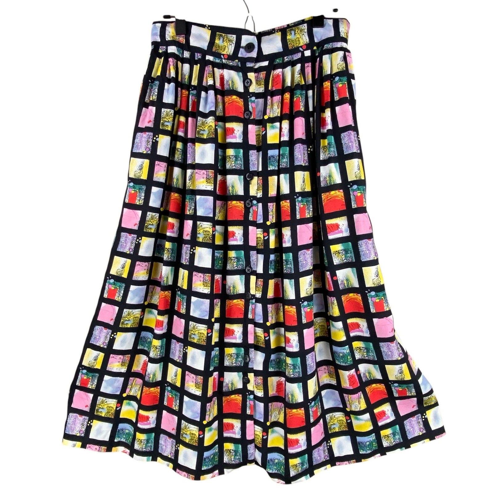Vintage 80’s Midi Skirt Size L Button Front A.F.K. New York Flowy Art To Wear