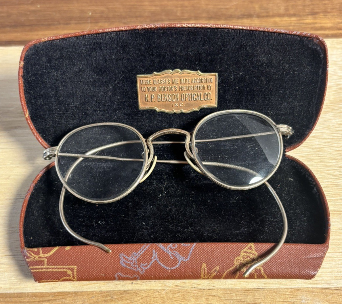 Antique Child Round Wire Rim Eyeglasses Spectacles Case 1915-35