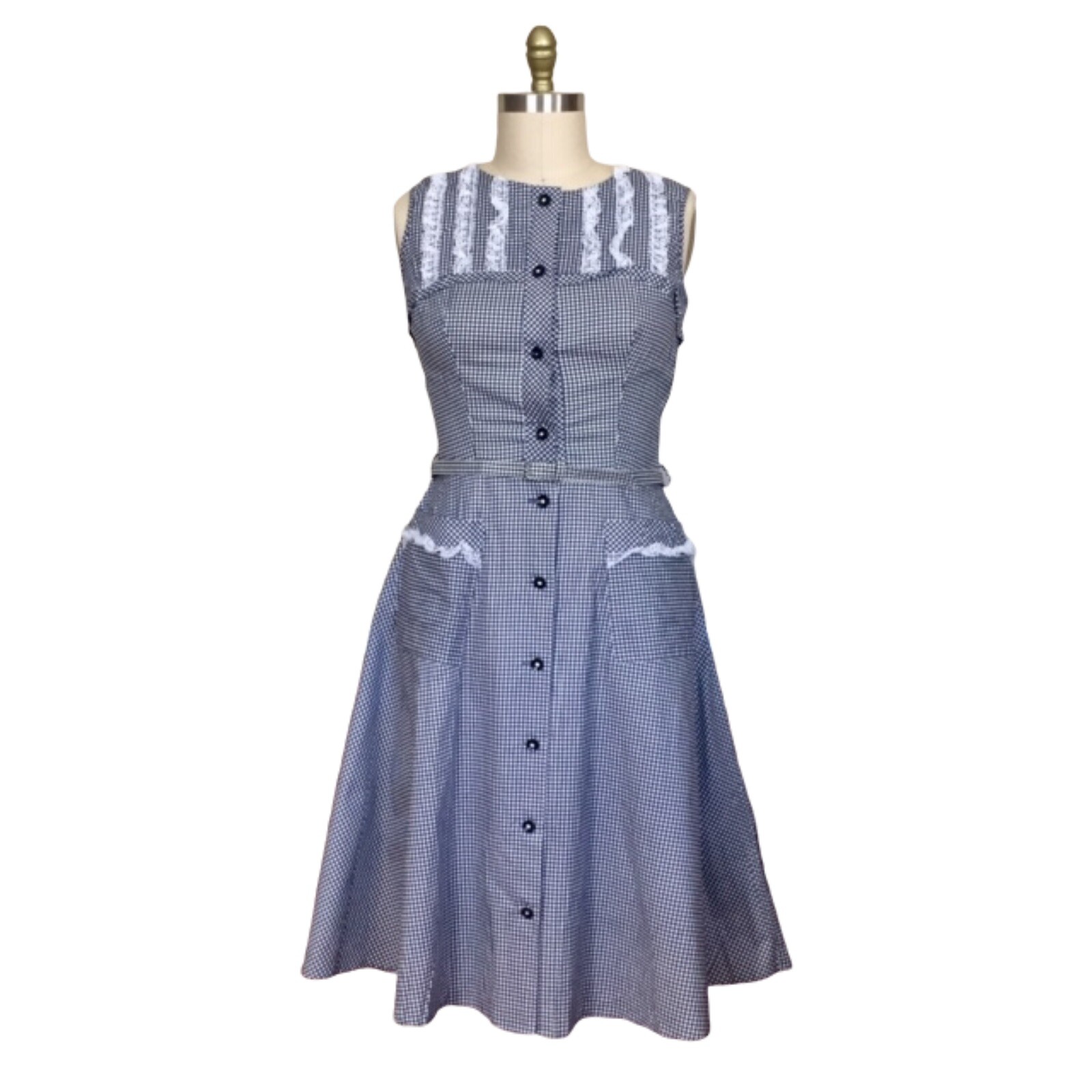Vintage 1950s Deadstock Black Gingham Lace Trim Cotton Day Dress | 1950s Dress