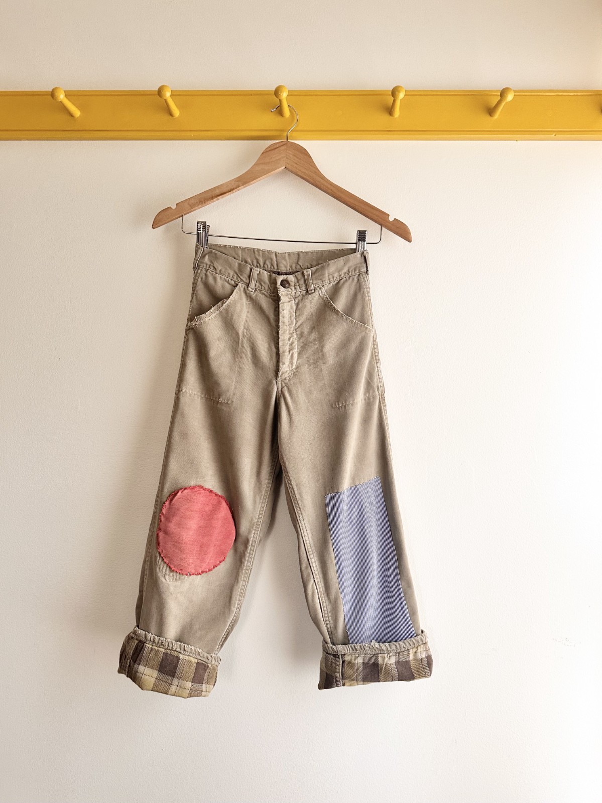 Vtg 50s youth kids cotton flannel lined work pants mended patchwork 24″ 10Y