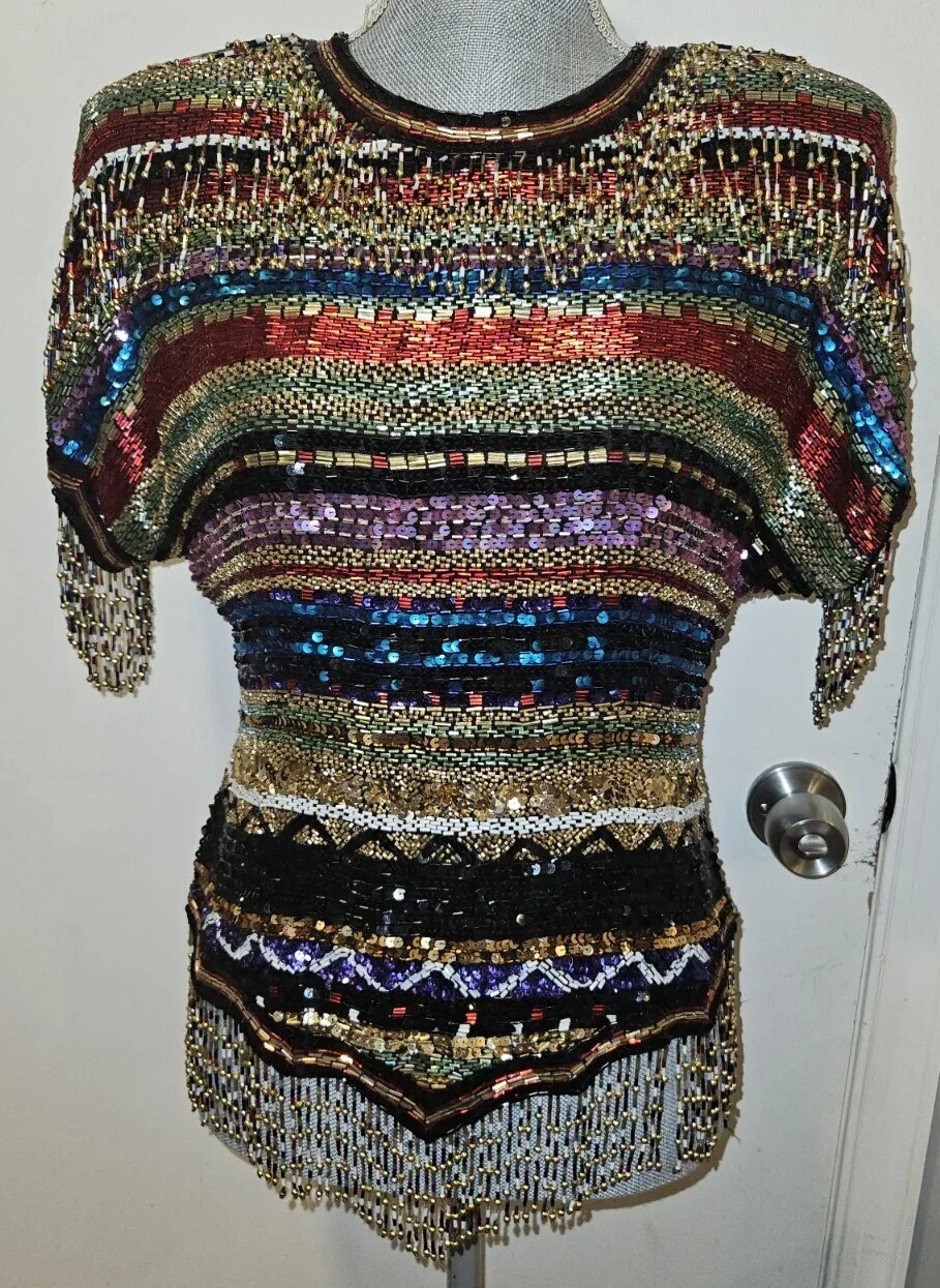 Black Tie Neiman Marcus Small Heavy Bedaded Sequin Vintage Blouse Top Shirt 80s