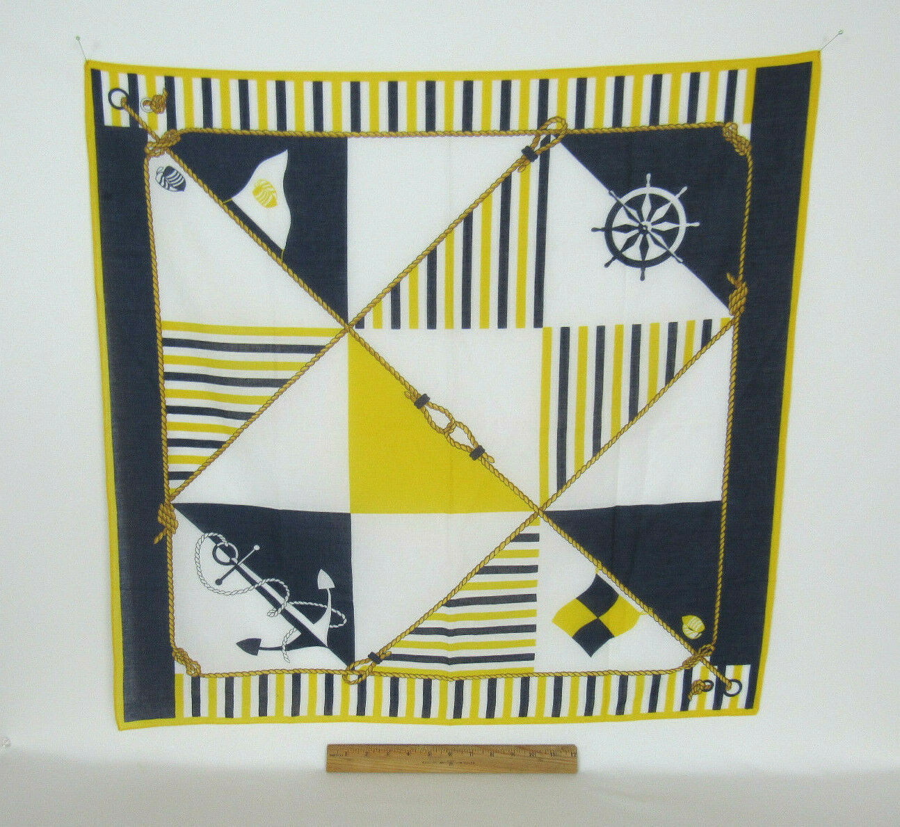 VTG 1960s NAUTICAL THEME LINEN SCARF 30 1/4″ by 29 3/4″ YELLOW BLUE WHITE