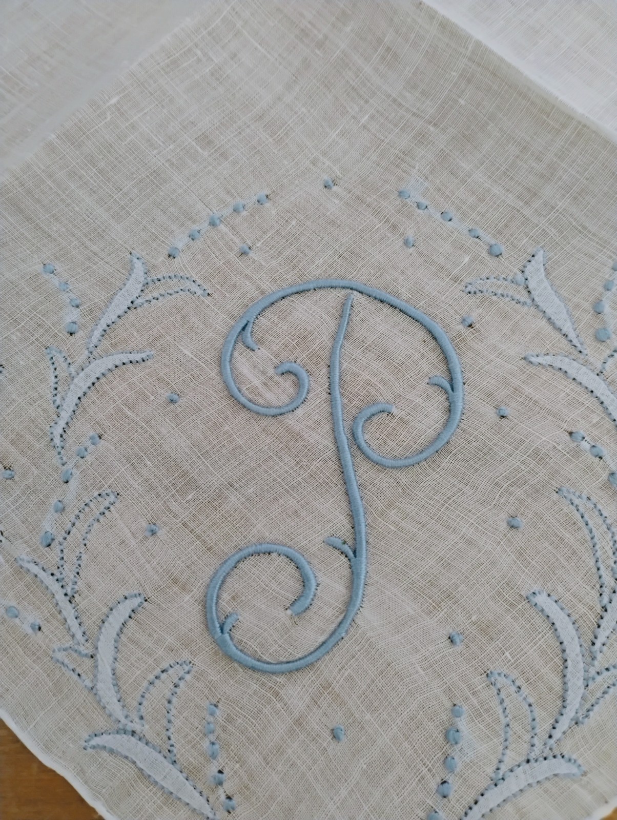 Vgt P Monogram Blue Embroidery White Linen Hankie Handkerchief
