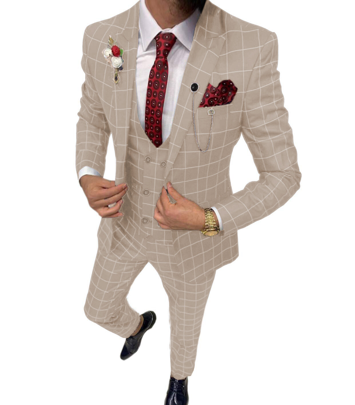 Mens 3Pcs Plaid Suits Groom Bestman Wedding Party Tuxedos Suit Blazer+Vest+Pants