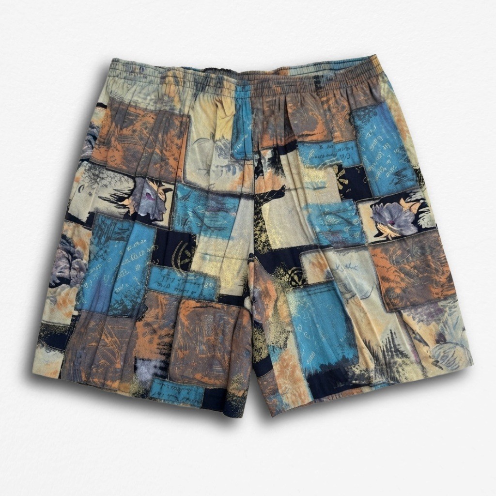 Ms Choice California Vintage Abstract Patchwork Print Shorts Elastic Waist Blue