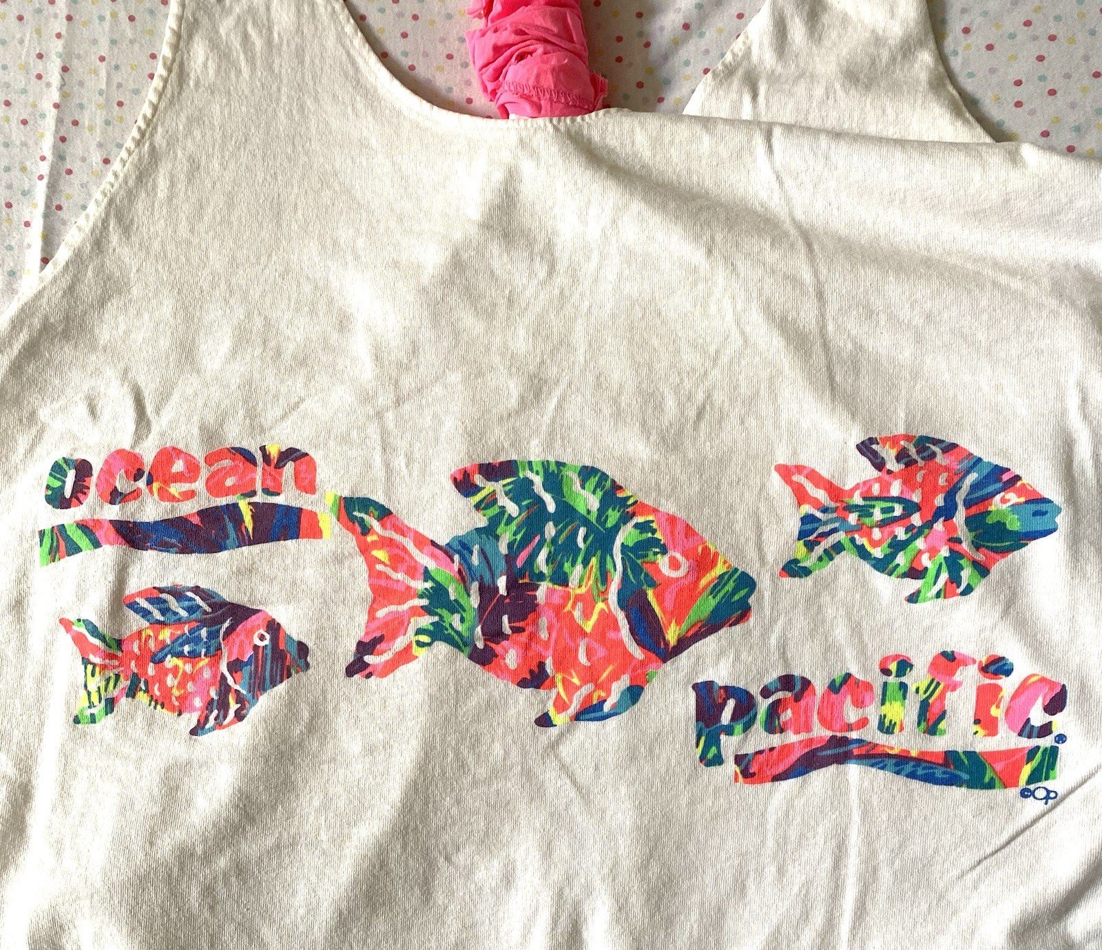 Vintage 1980/90s Op Ocean Pacific T-Shirt One Size Beach Swim Coverup Neon Fish