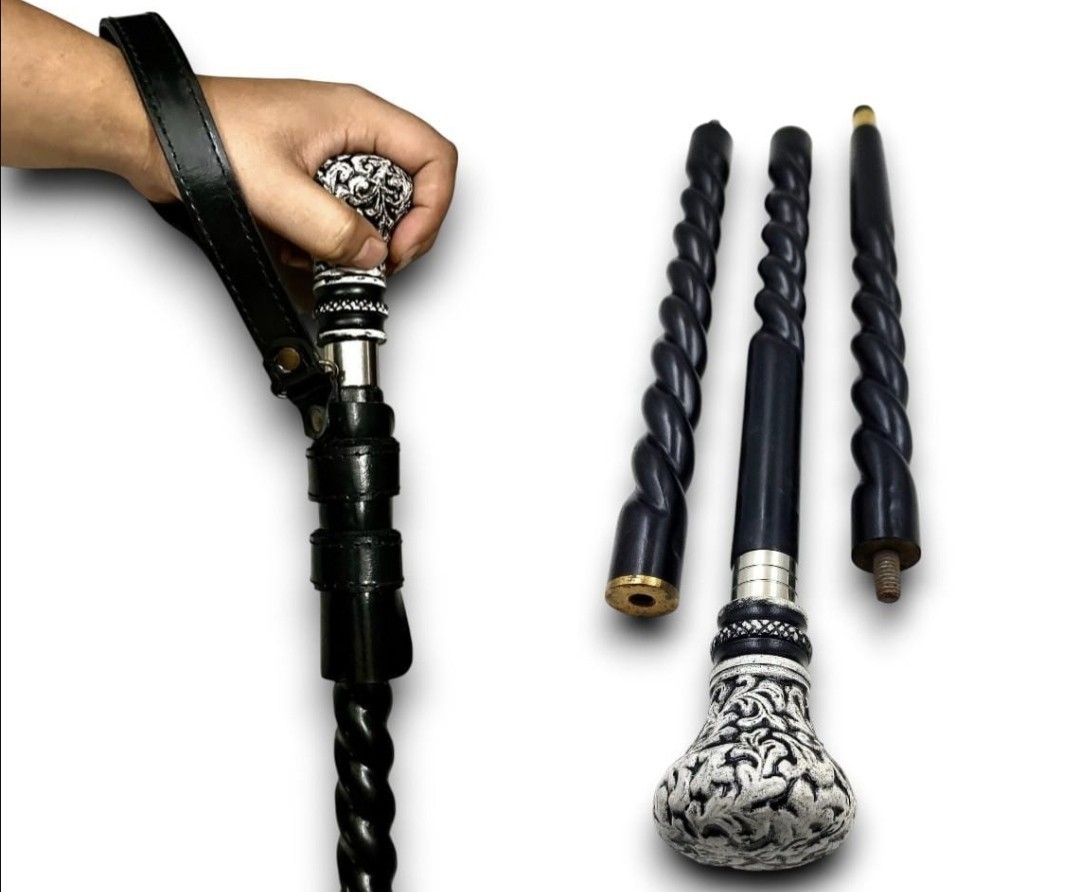 Victorian Wooden Walking Cane Silver Royal Handle 3-Piece Folding Stick Vintage