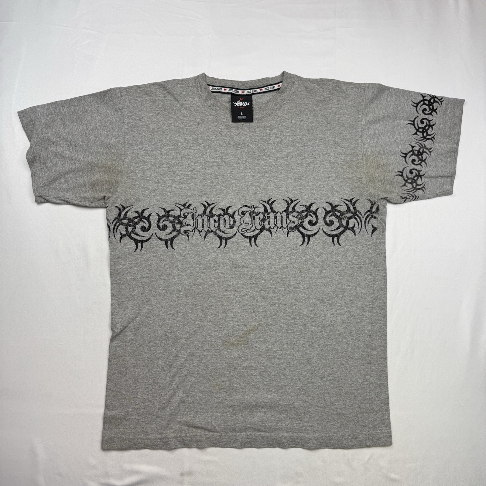 Vintage 90s Jnco Jeans Size Large Grey Tshirt w/ Design Grunge Fader and stains