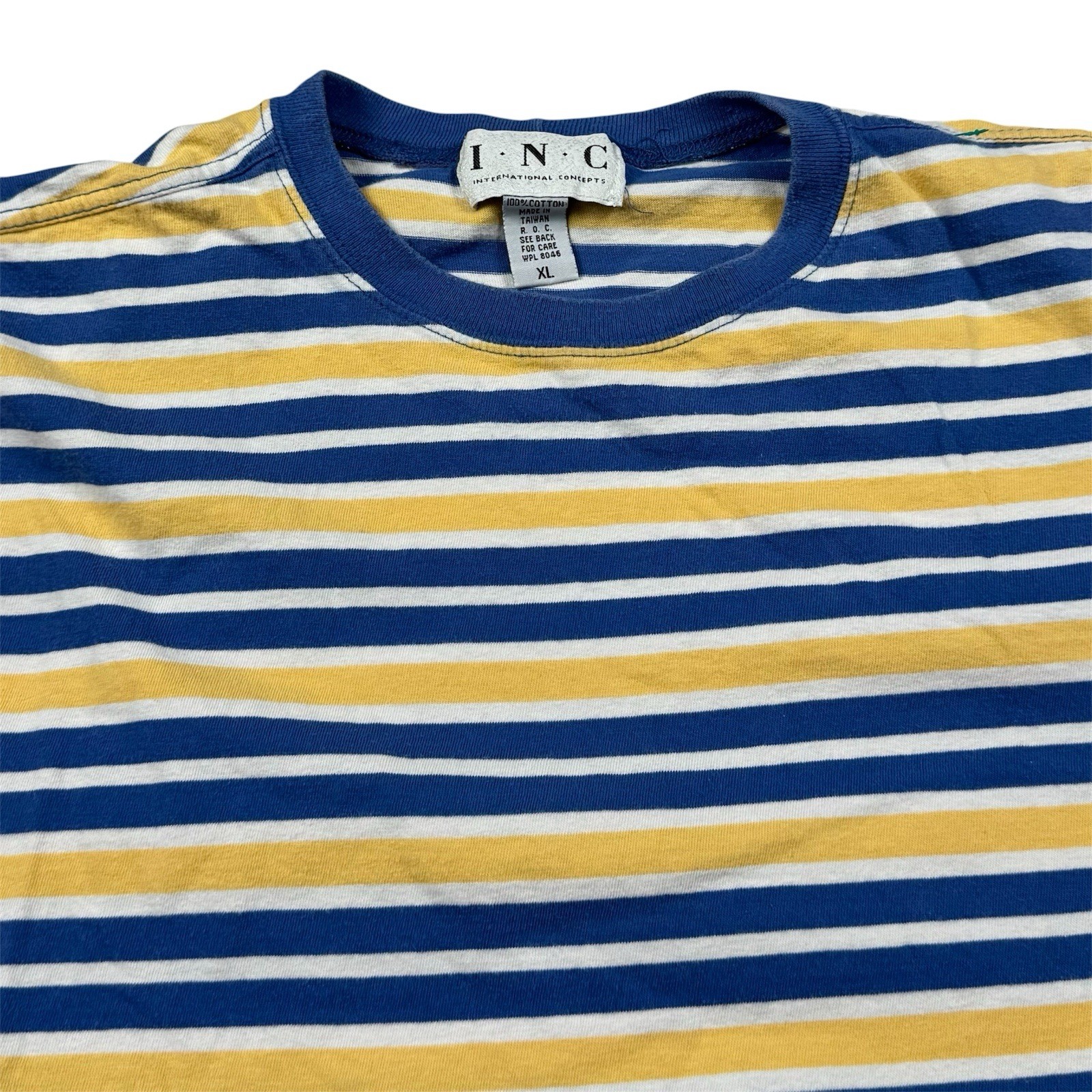Vintage 90s International Concepts INC Striped Retro T-shirt Yellow Blue Mens XL