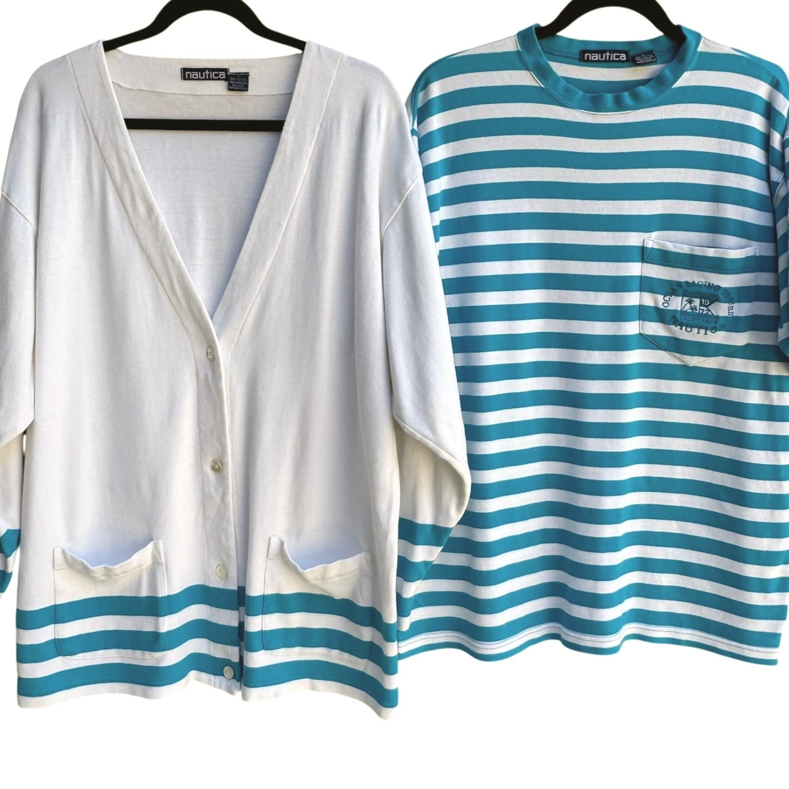 Nautica Vintage 90s Coastal Nautical Preppy Striped Cardigan Shirt Set Womens L
