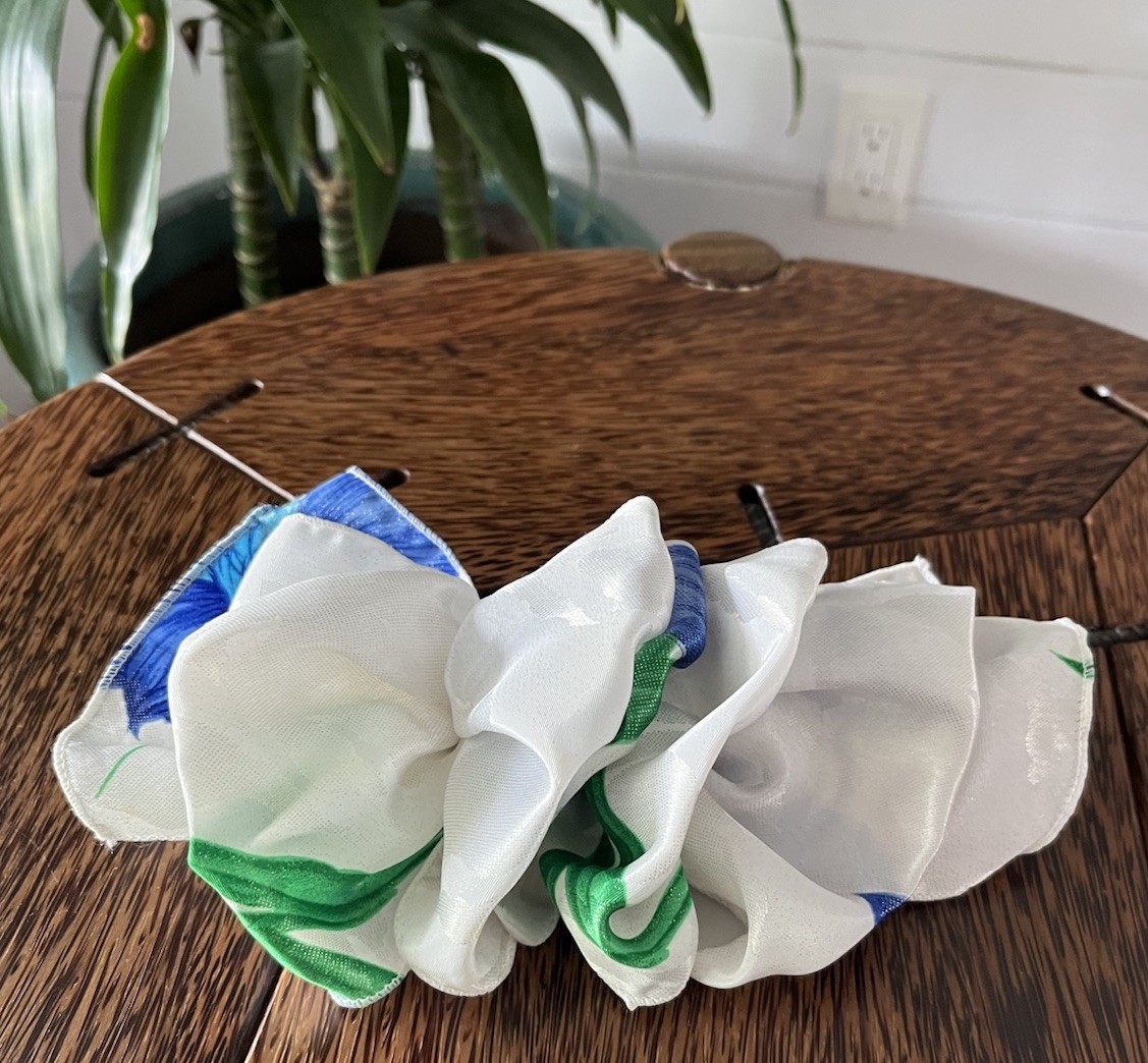 Vintage 1980s / 90s White, Blue & Green Floral Large Hair Bow Barrette Clip
