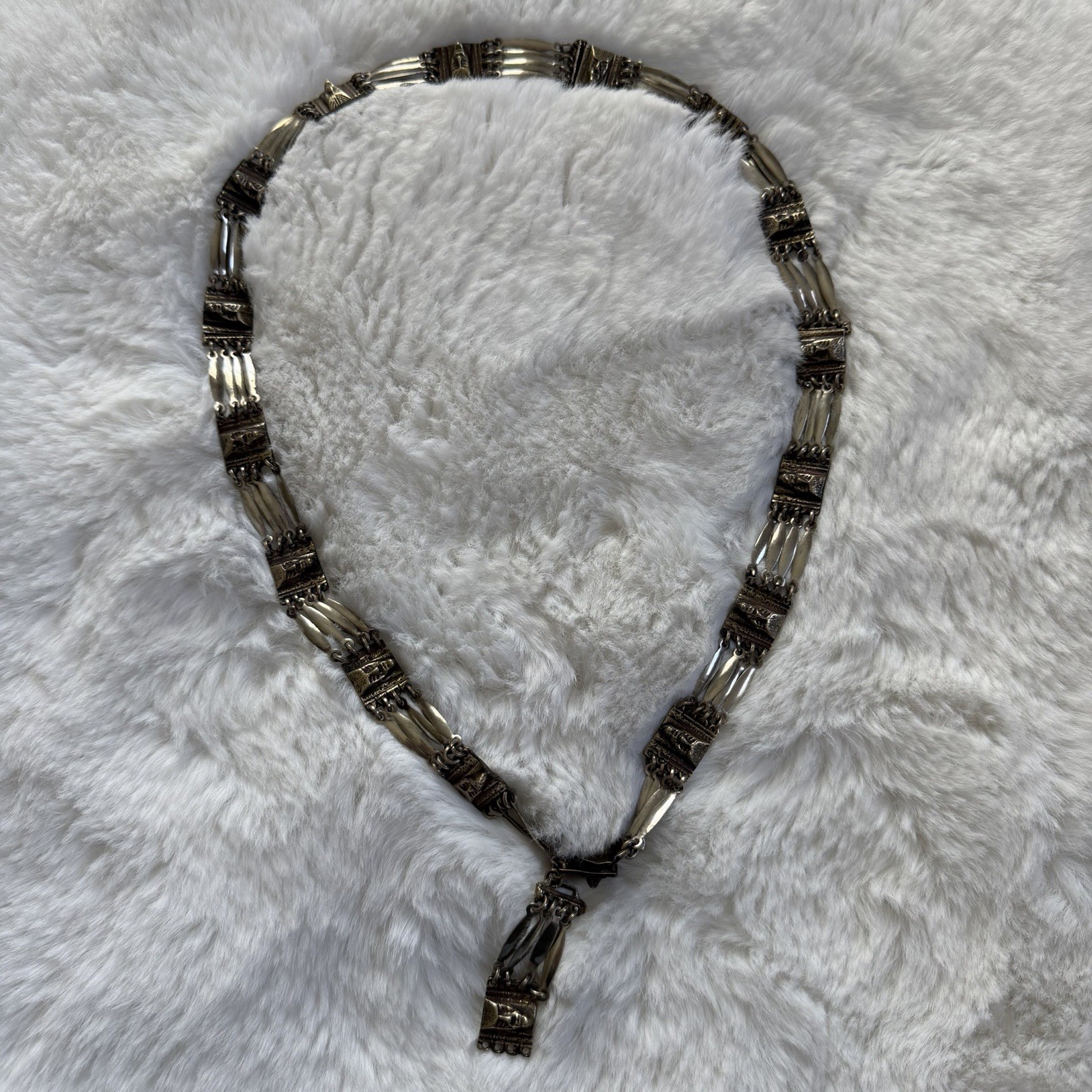 Vintage Mexico Sterling Silver Mask Panel Link Belt Aztec Style 30” 5/8” Wide