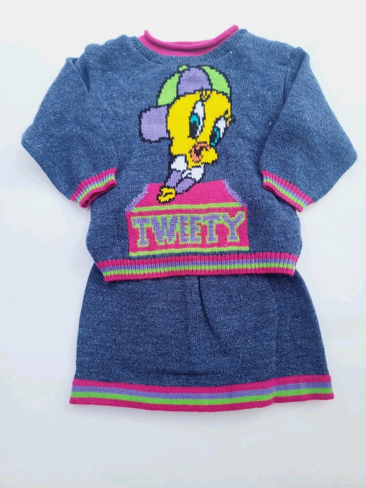 VTG 90’s Y2k Looney Tunes Tweety Bird 2 Piece Outfit Knit Sweater 2T & Skirt 4T